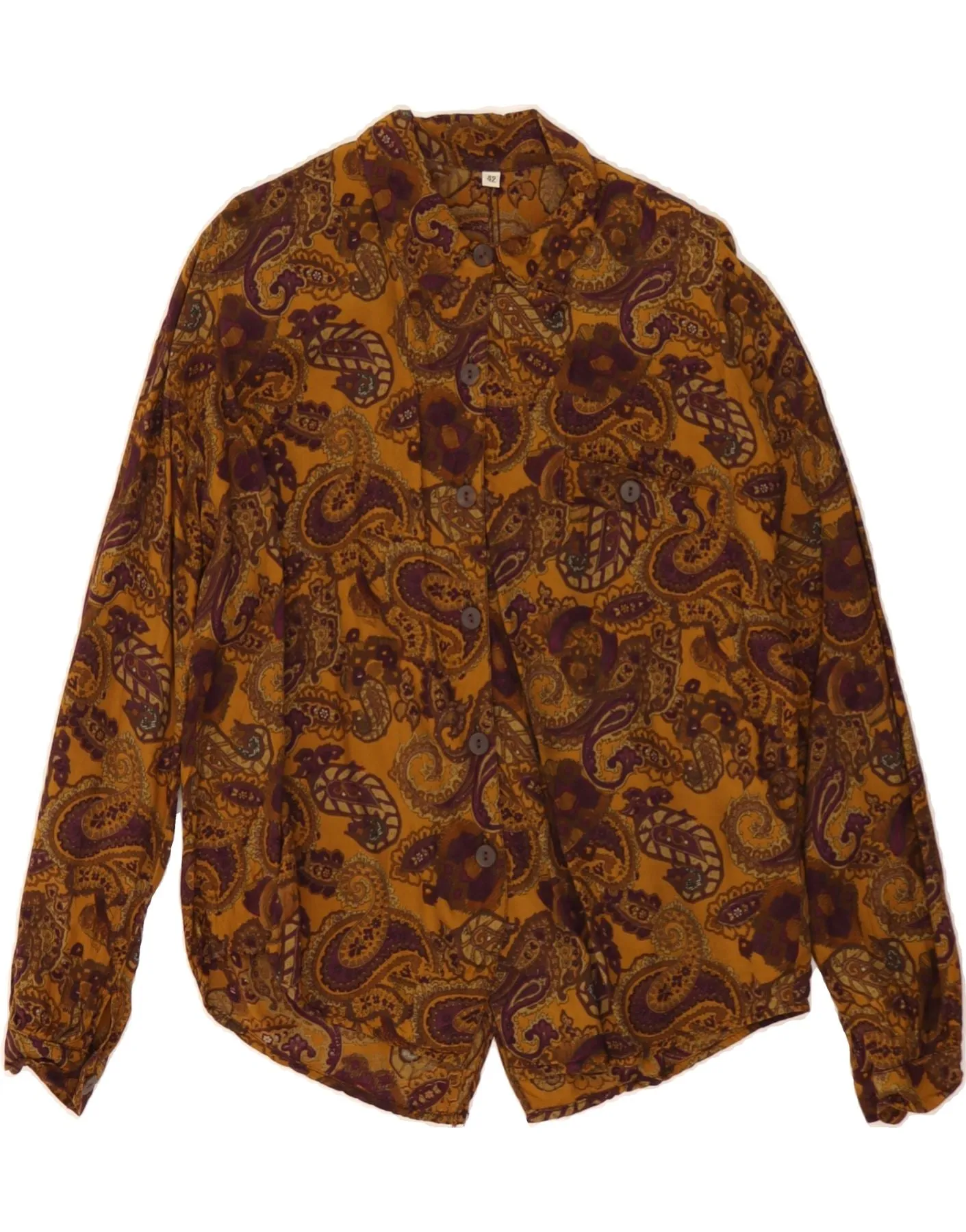 VINTAGE Womens Shirt Blouse IT 42 Medium Brown Paisley Viscose Comfort Stretch Tailored Silhouette