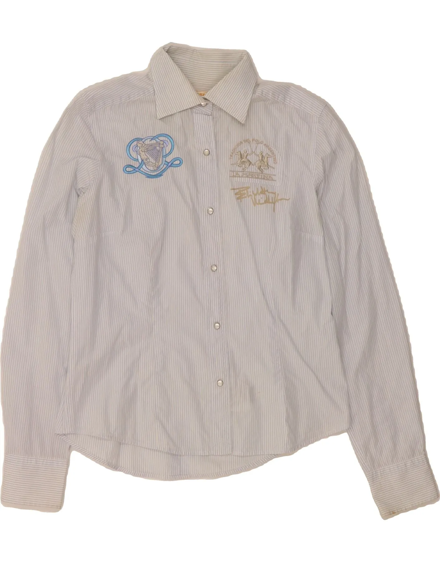 Seamless Sides LA MARTINA Womens Shirt UK 14 Large Blue Pinstripe Cotton