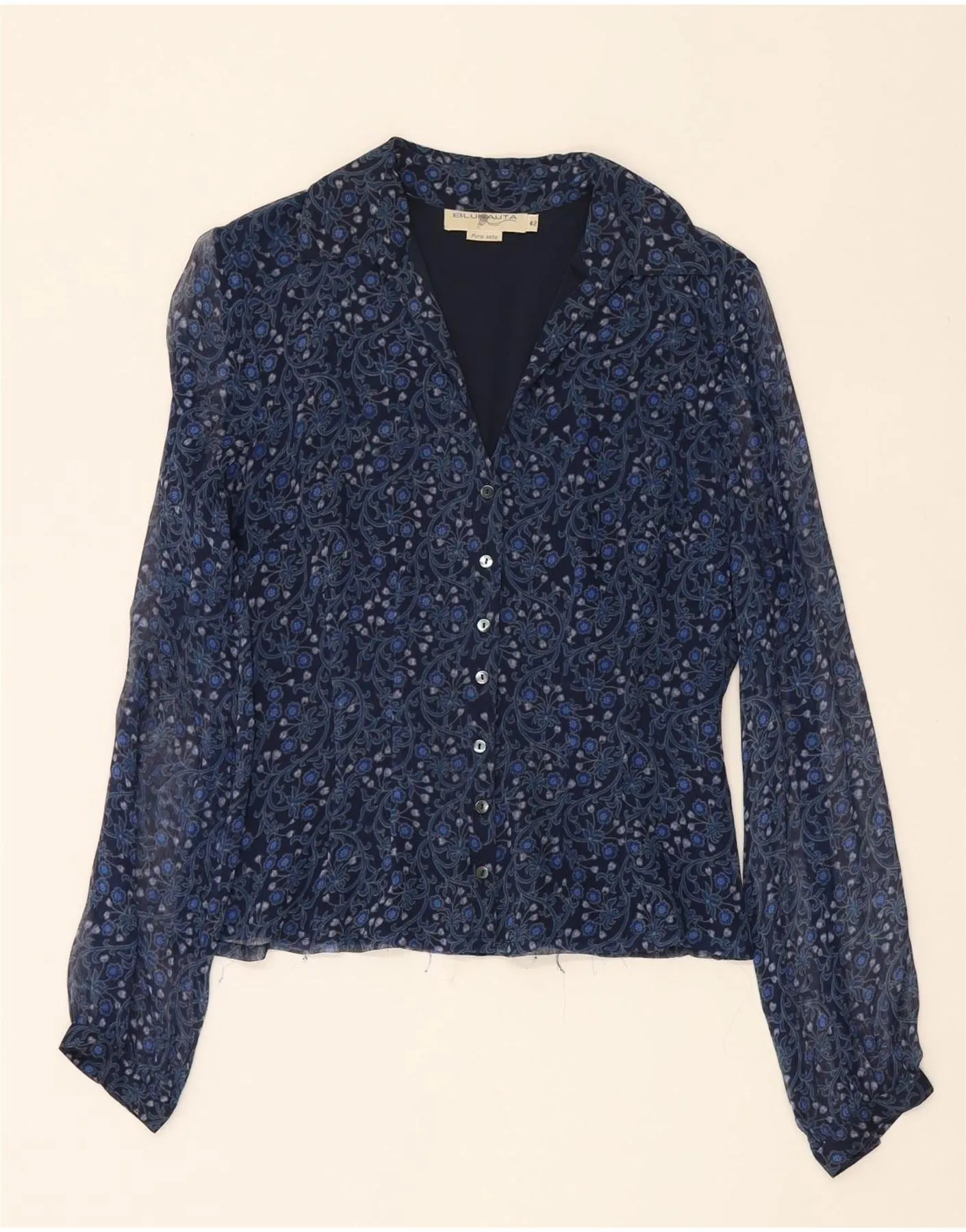 Fitted Design BLUNAUTA Womens Shirt Blouse IT 42 Medium Navy Blue Floral Silk