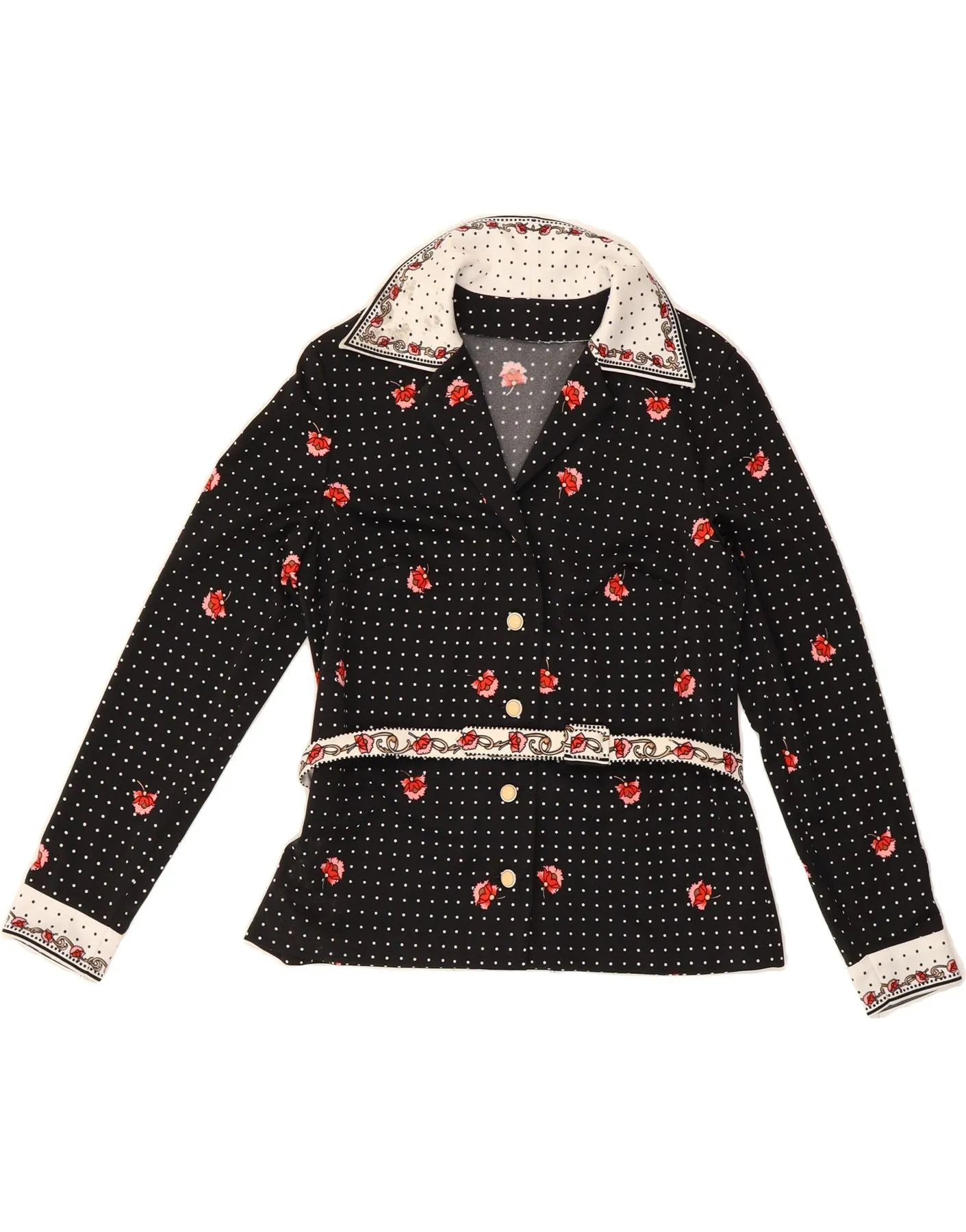 VINTAGE Womens Shirt Blouse UK 14 Medium Black Spotted Polyester Statement Maker