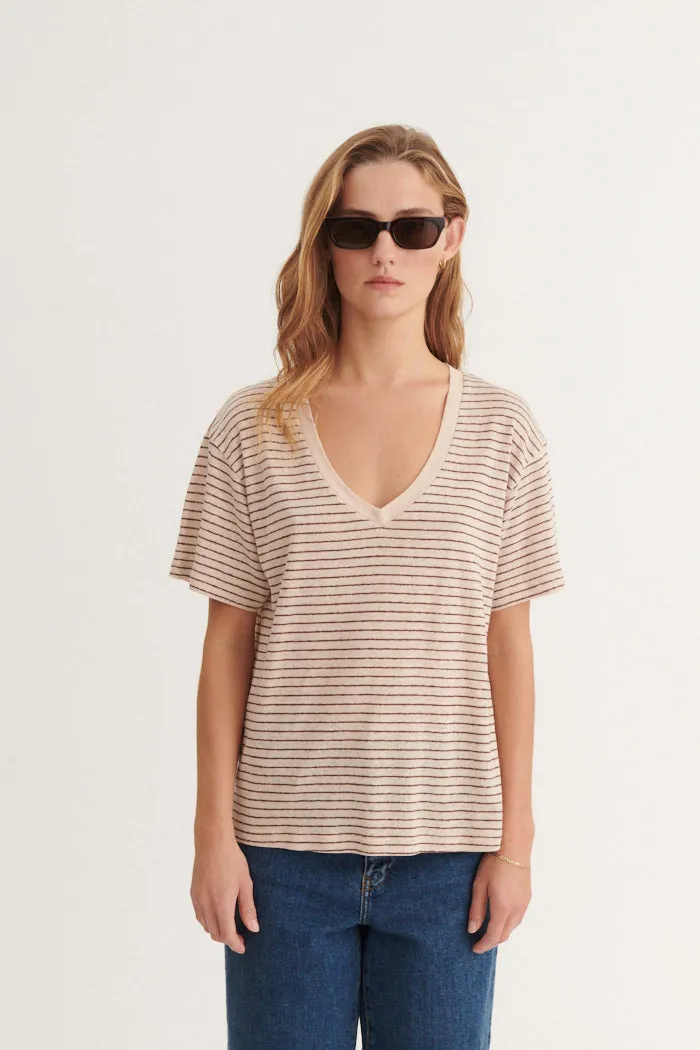 Ryda Stripe V-Neck Tee - Smoke gray / carafe Modern Simplicity Neutral Color