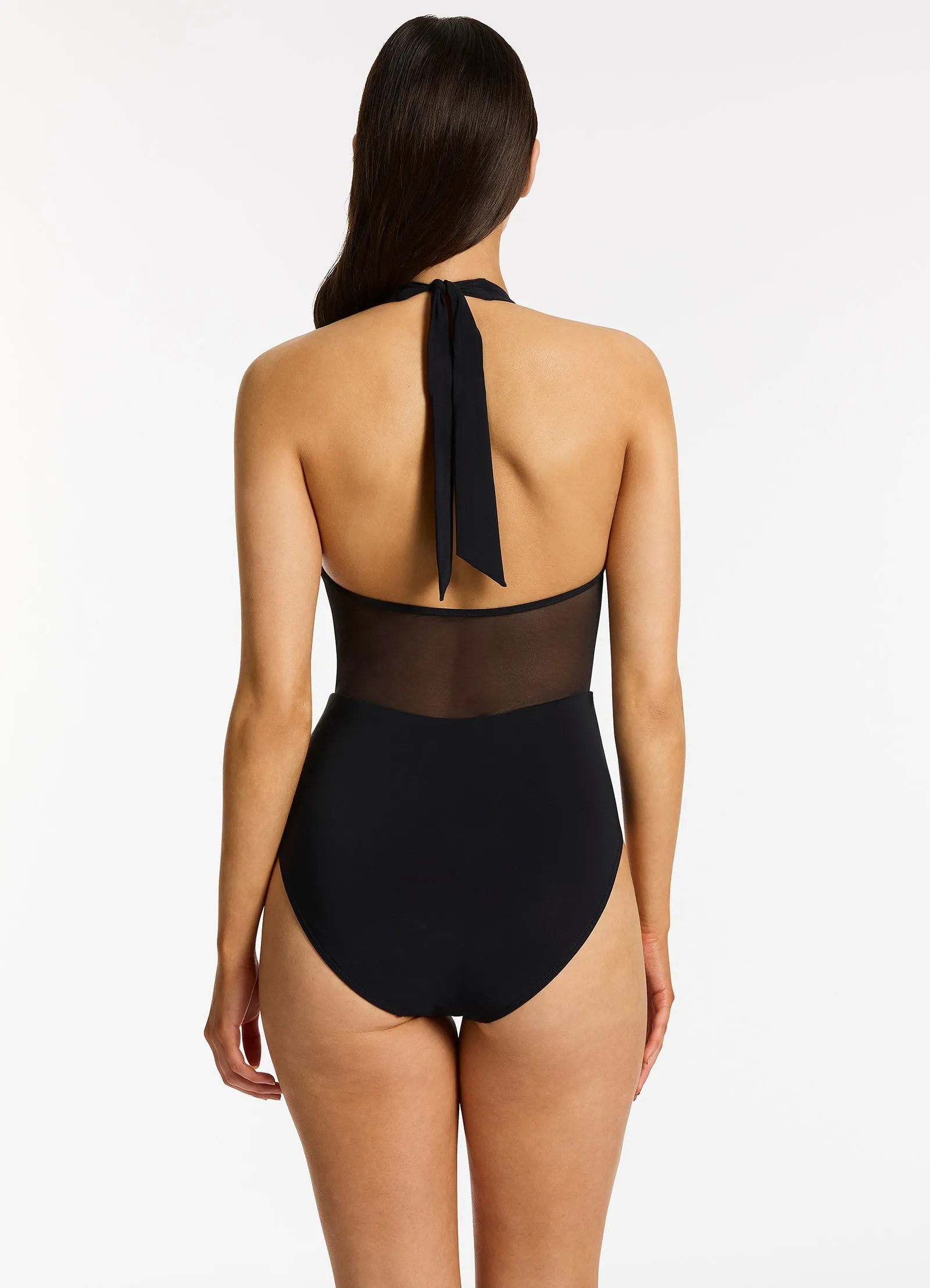 Jetset Lure Plunge Halter One Piece - Black Minimalist Stitching