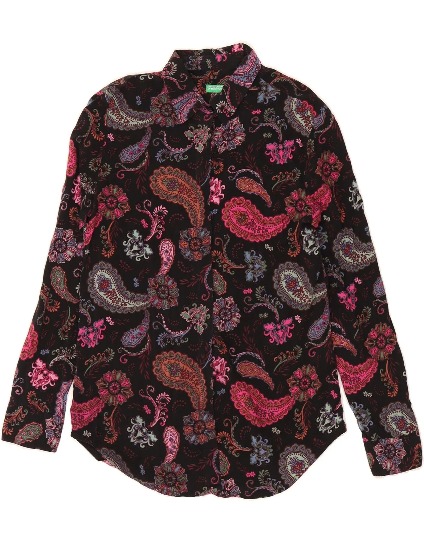 BENETTON Womens Shirt UK 10 Small Black Paisley Modal Soft Material
