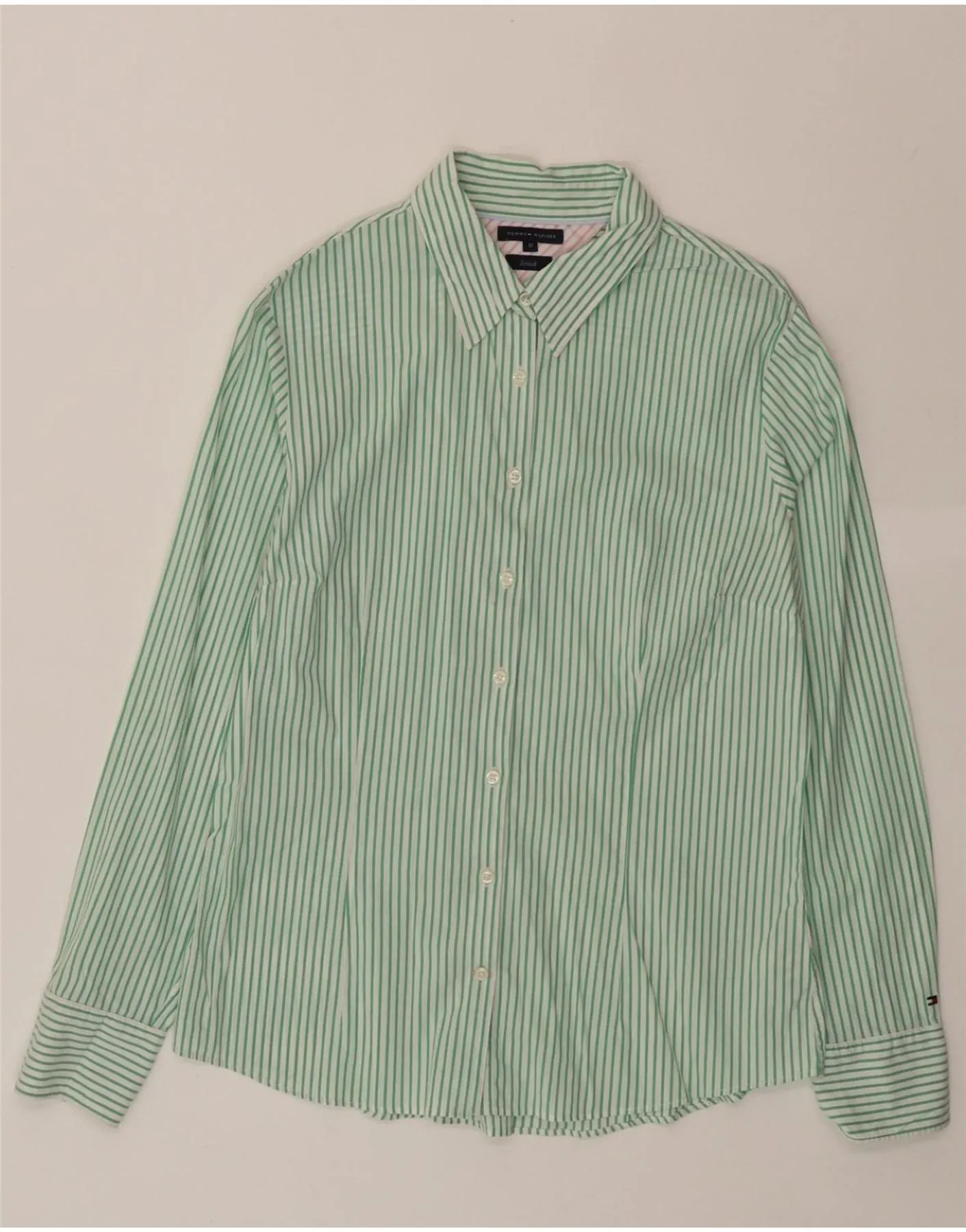 High Street Fashion TOMMY HILFIGER Womens Shirt US 12 Large Green Pinstripe Cotton