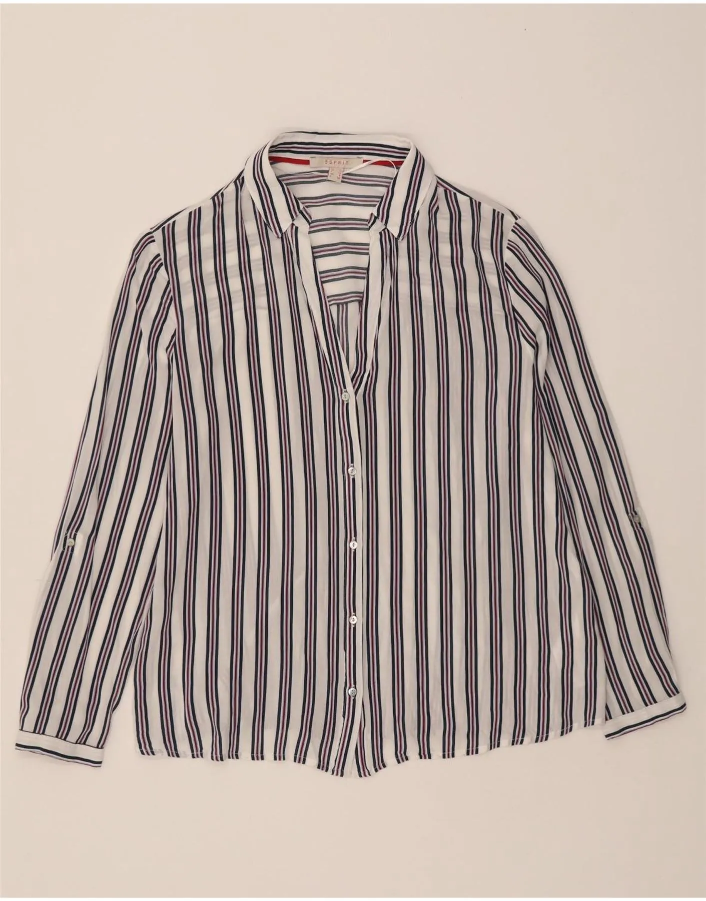 ESPRIT Womens Shirt UK 12 Medium  White Striped Viscose Pocket Detail