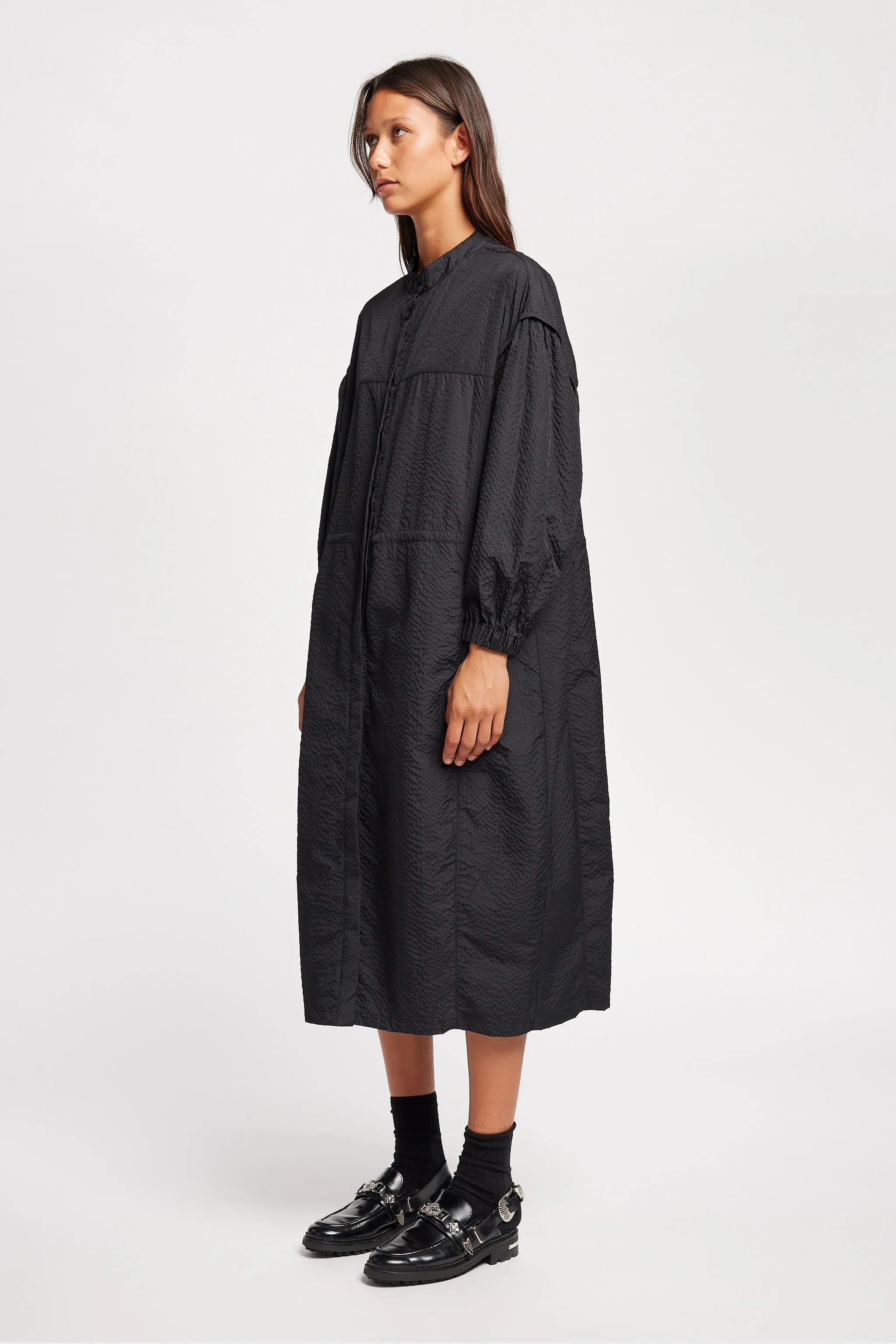 Tailored Cut Metallic Finish Parapet Dress Jet Black