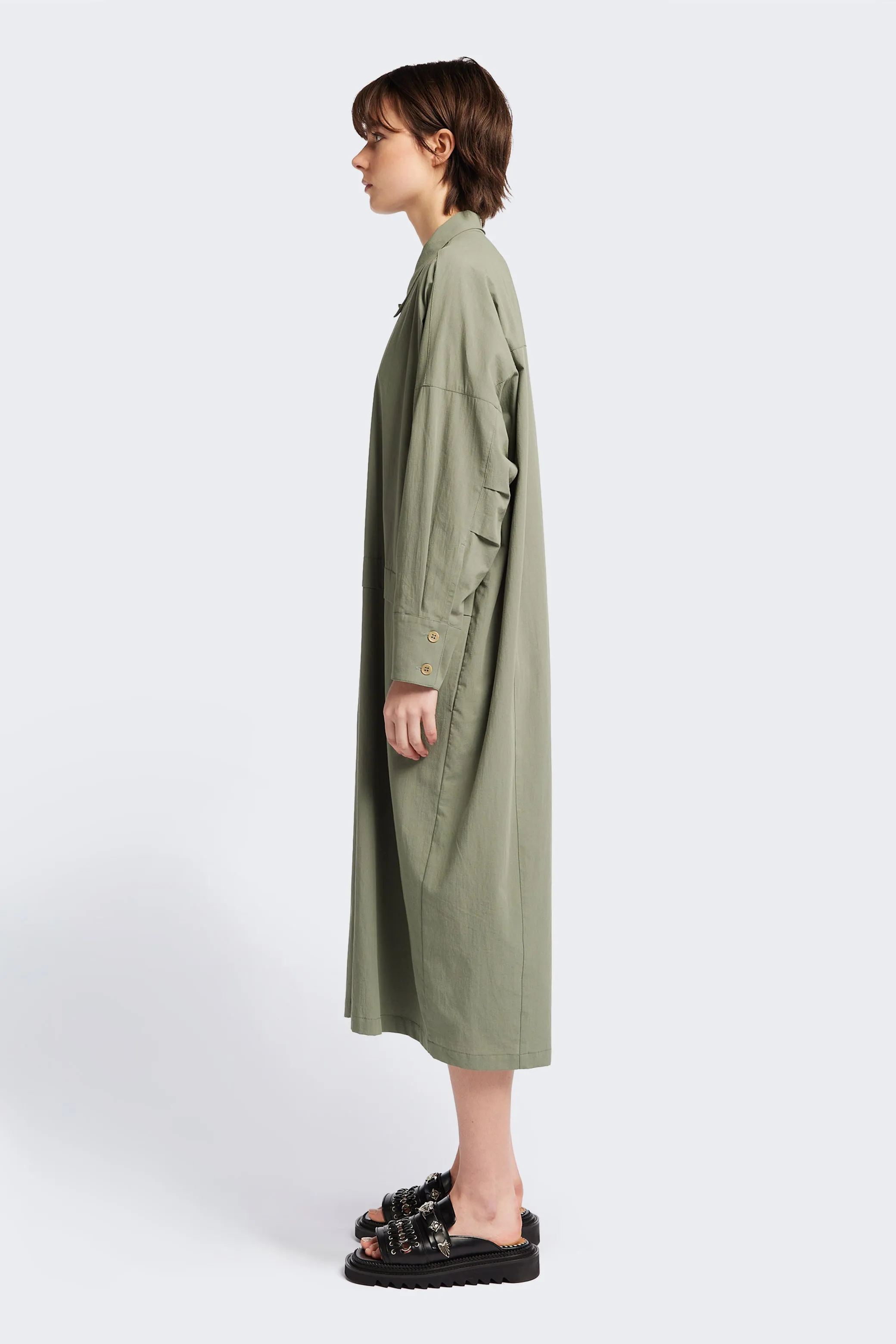 Flowy-Shape Daywear Fit Sundown Shirt Dress Olive