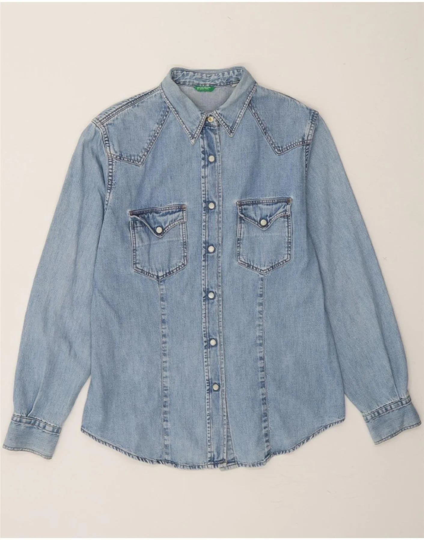 Bold Prints BENETTON Womens Denim Shirt IT 44 Medium Blue Cotton