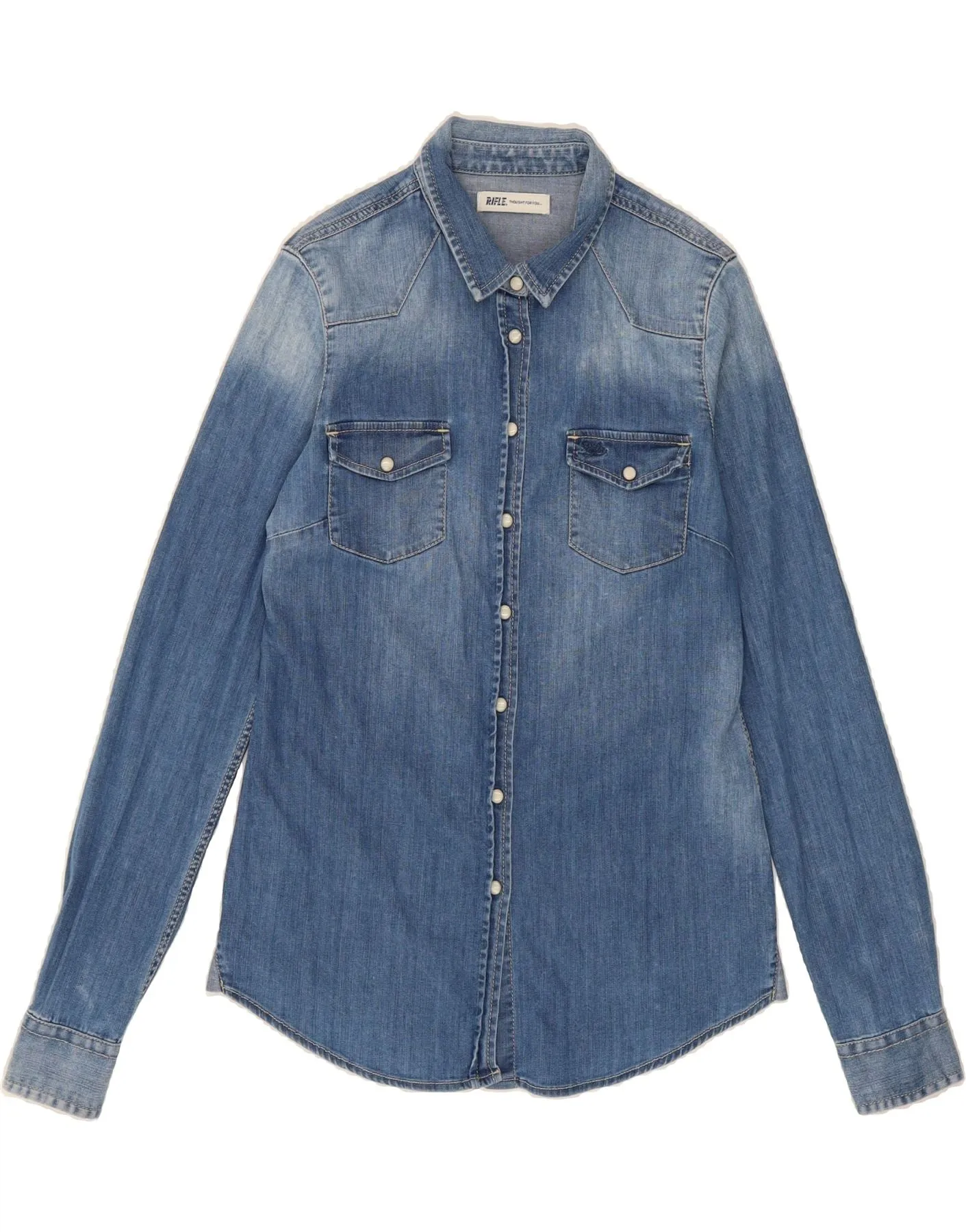 RIFLE Womens Denim Shirt UK 12 Medium Blue Comfortable fit Edgy Fashion