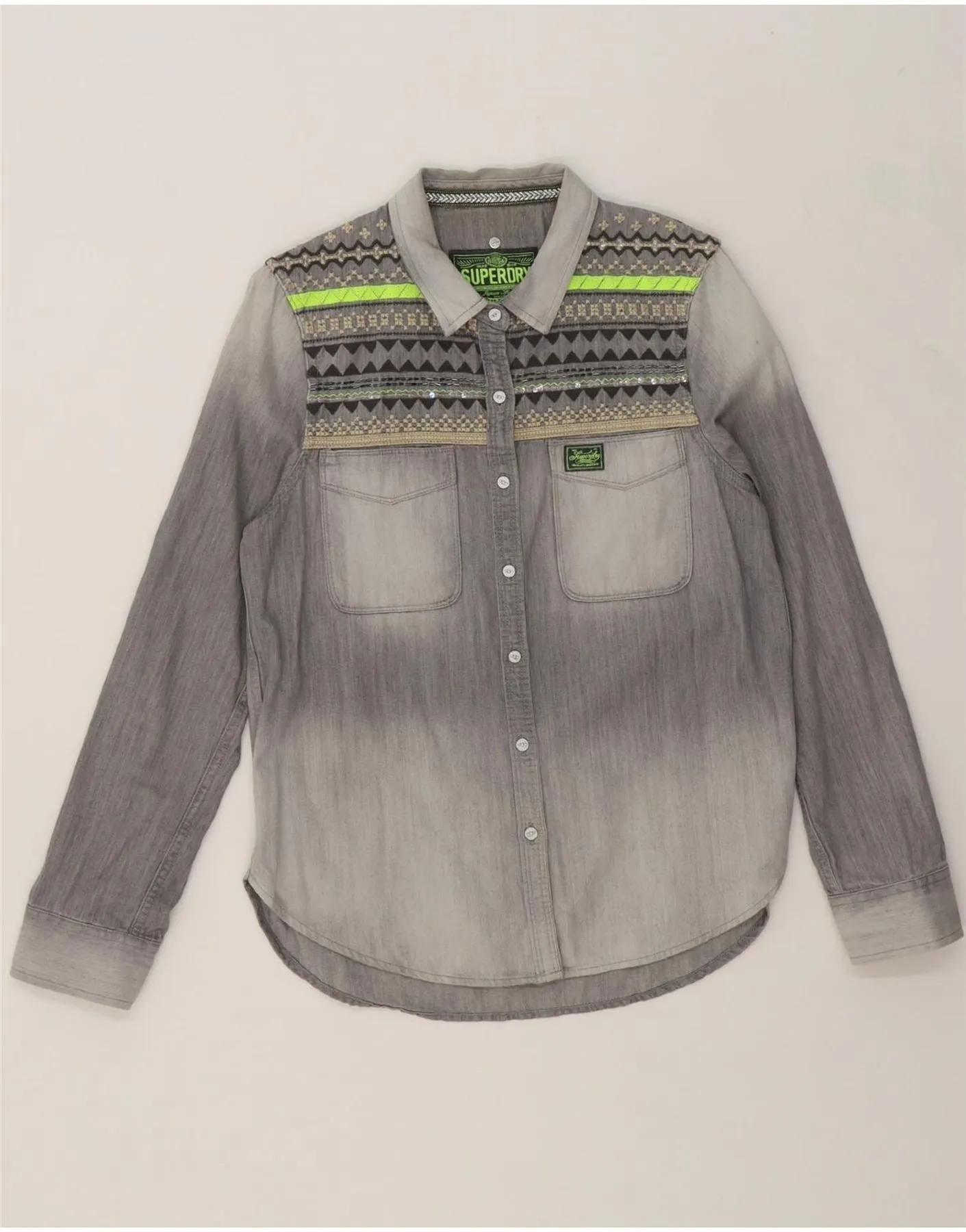 SUPERDRY Womens Denim Shirt UK 14 Large Grey Striped Cotton Fitted Silhouette