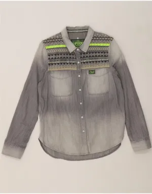 SUPERDRY Womens Denim Shirt UK 14 Large Grey Striped Cotton Fitted Silhouette