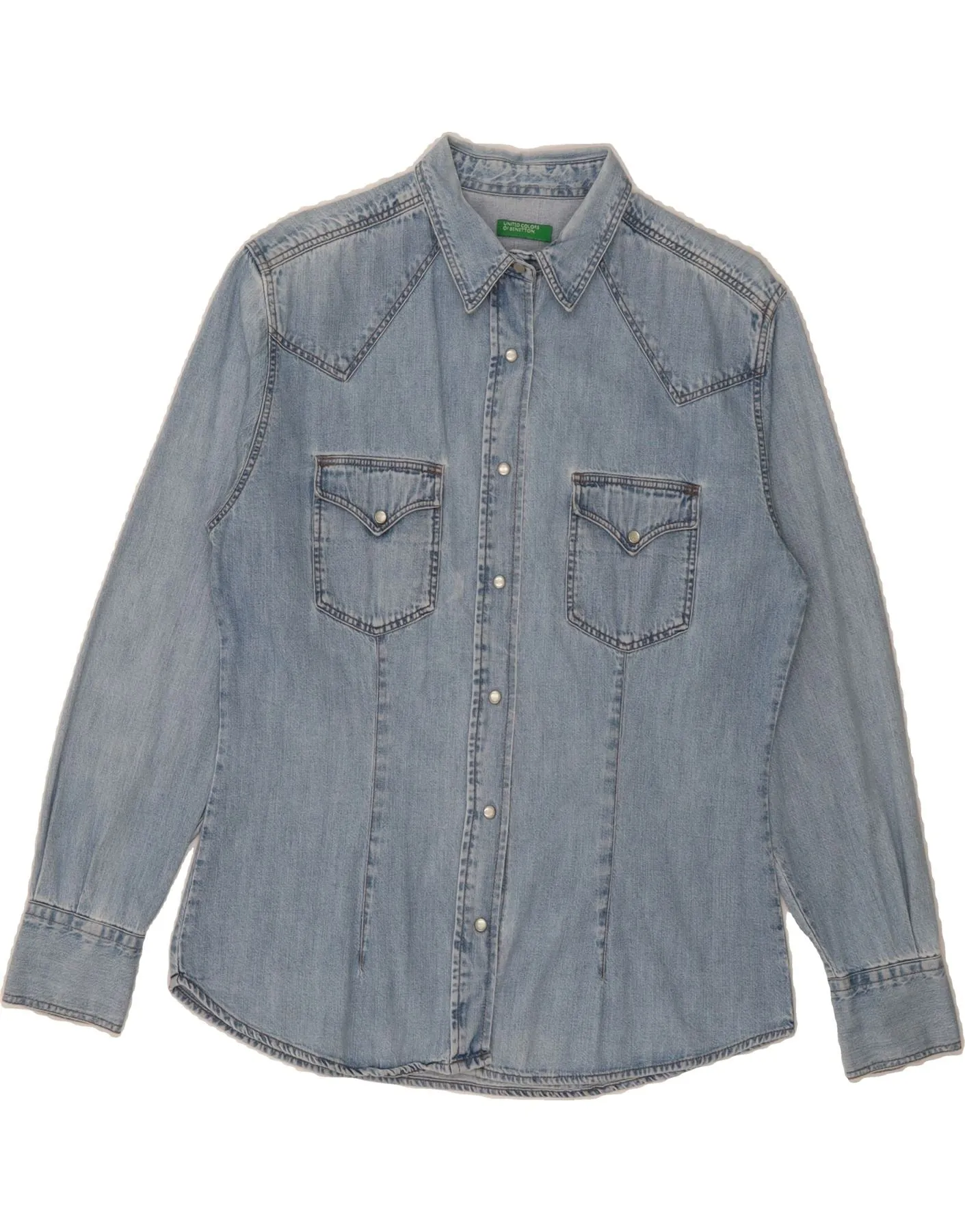 BENETTON Womens Denim Shirt IT 46 Large Blue Cotton Raw edge Odor control