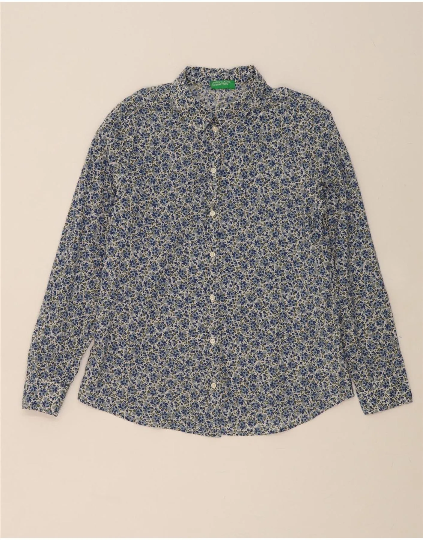 BENETTON Womens Shirt UK 14 Medium Blue Floral Cotton Geometric Shape Odor Resistant