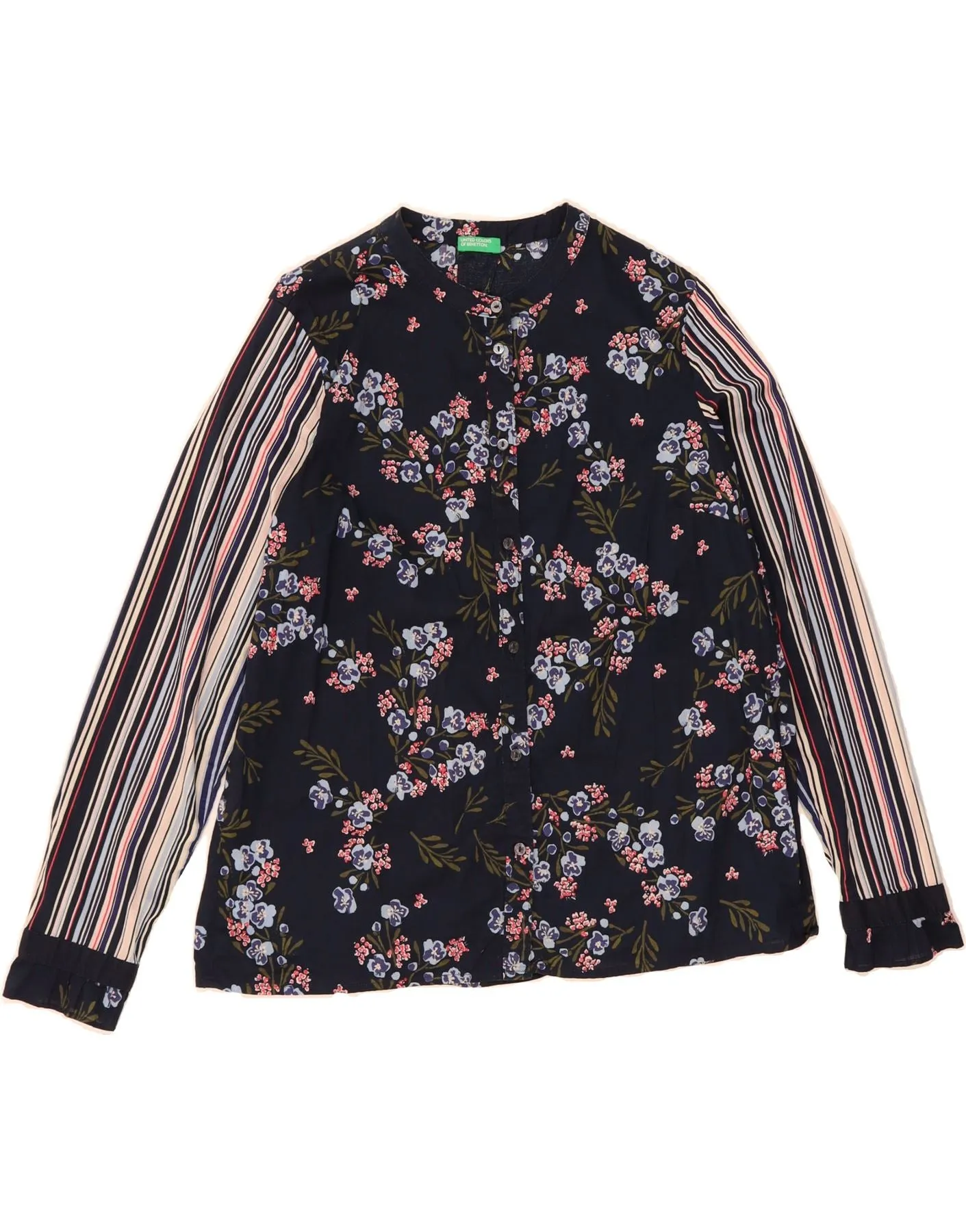 Wrinkle Resistant BENETTON Womens Shirt UK 14 Medium Navy Blue Floral Cotton