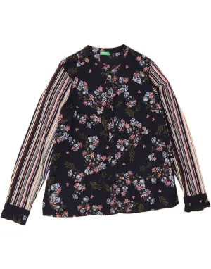 Wrinkle Resistant BENETTON Womens Shirt UK 14 Medium Navy Blue Floral Cotton