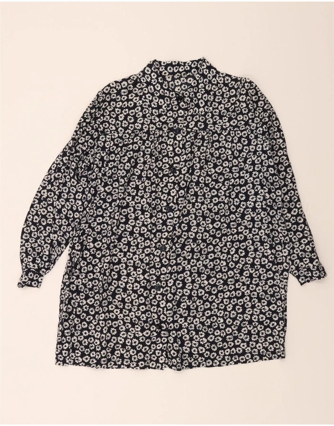 VINTAGE Womens Shirt Blouse UK 20 2XL Navy Blue Floral Anti Static Finish