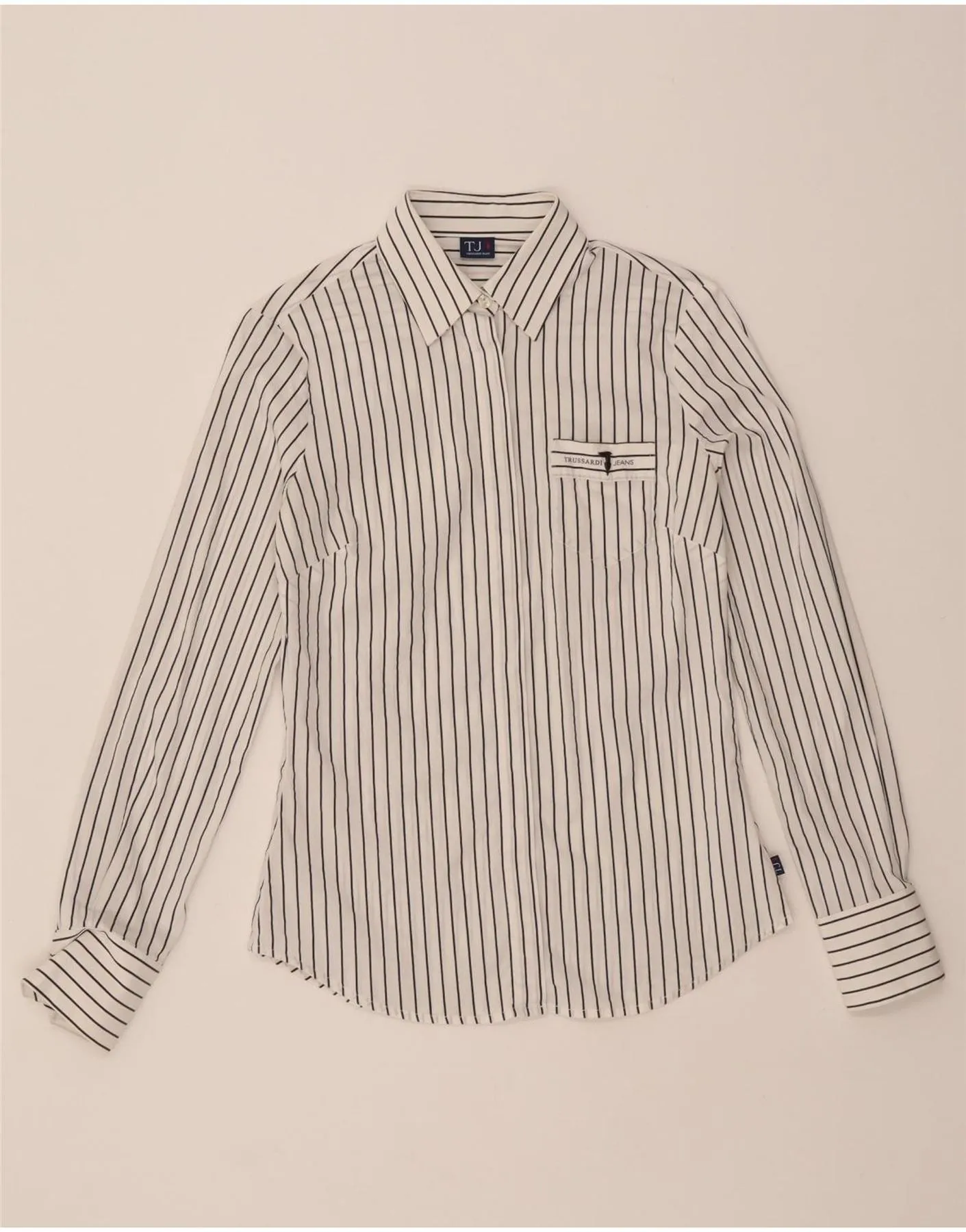 TRUSSARDI JEANS Womens Shirt UK 10 Small White Pinstripe Multi Functional Pockets