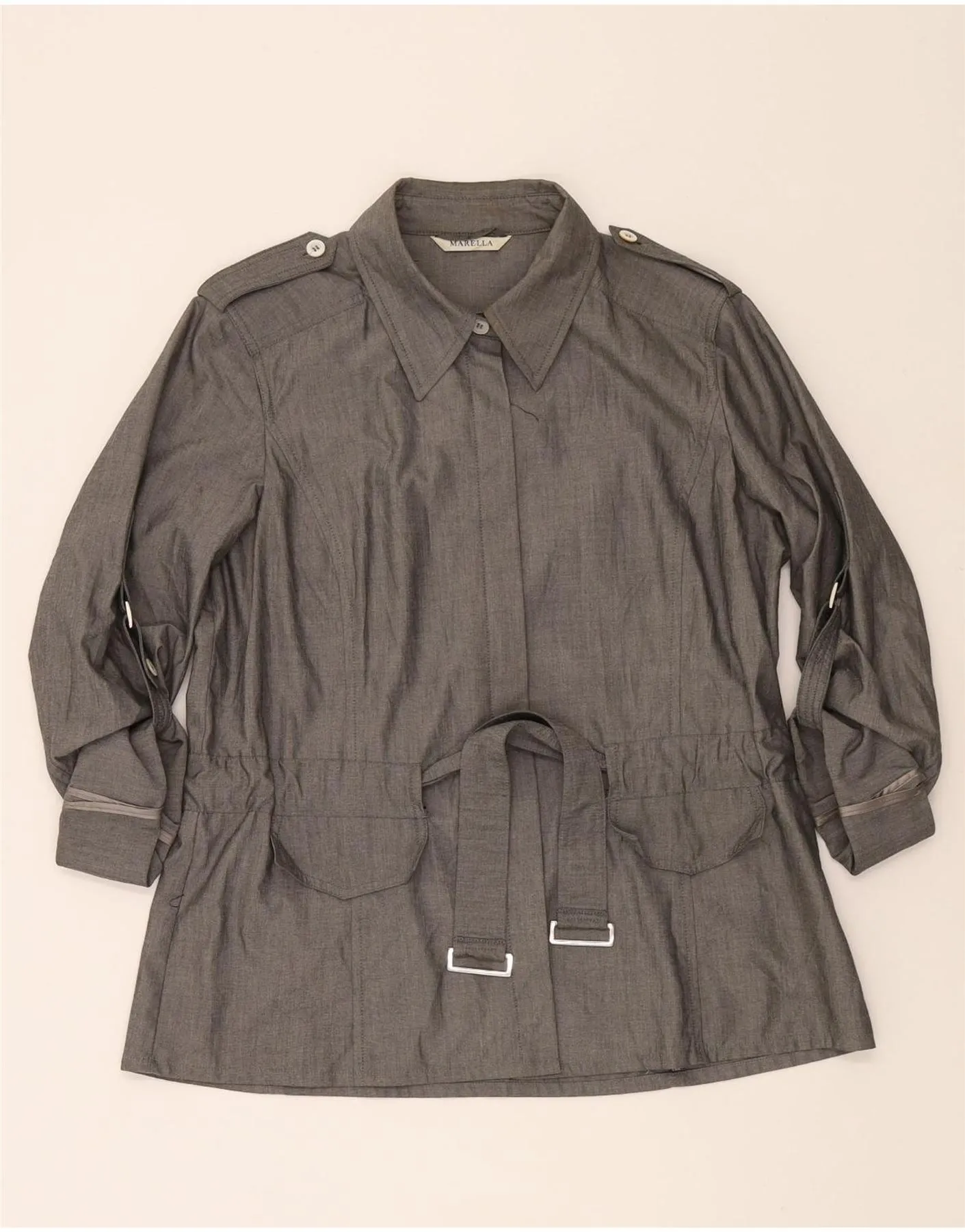 MARELLA Womens Shirt Blouse UK 14 Medium Grey Ruffle Edge Must-Have Item