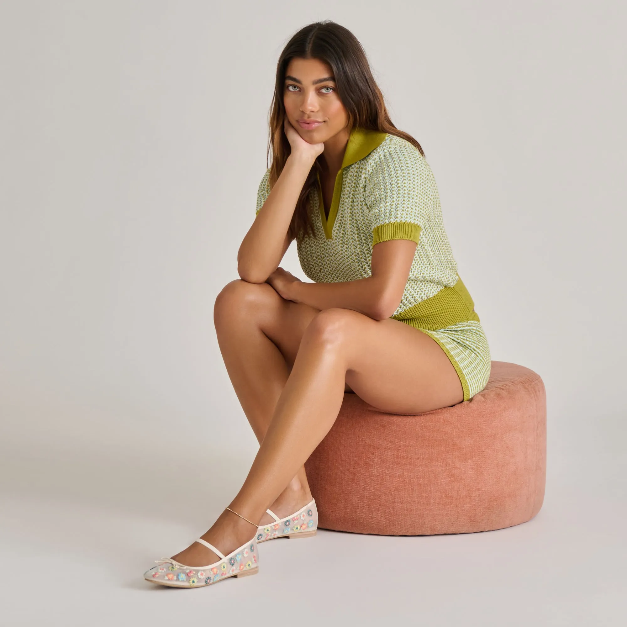 photo shoot lace up closure CADEL FLORAL BALLET FLATS IVORY FLORAL MESH