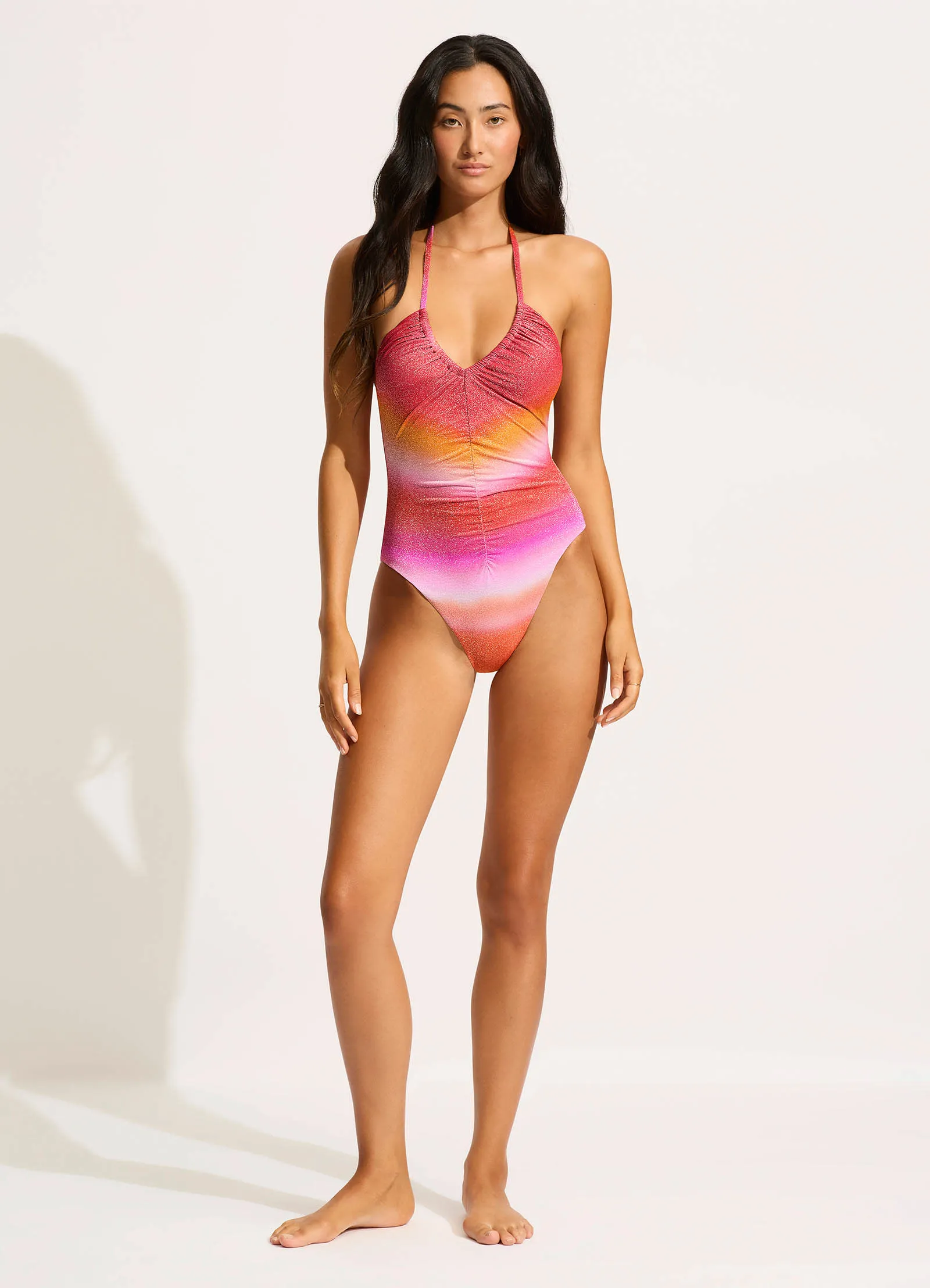 Spectrum Drawstring V Neck One Piece - Hot Pink Torsion control Molded Cups Design