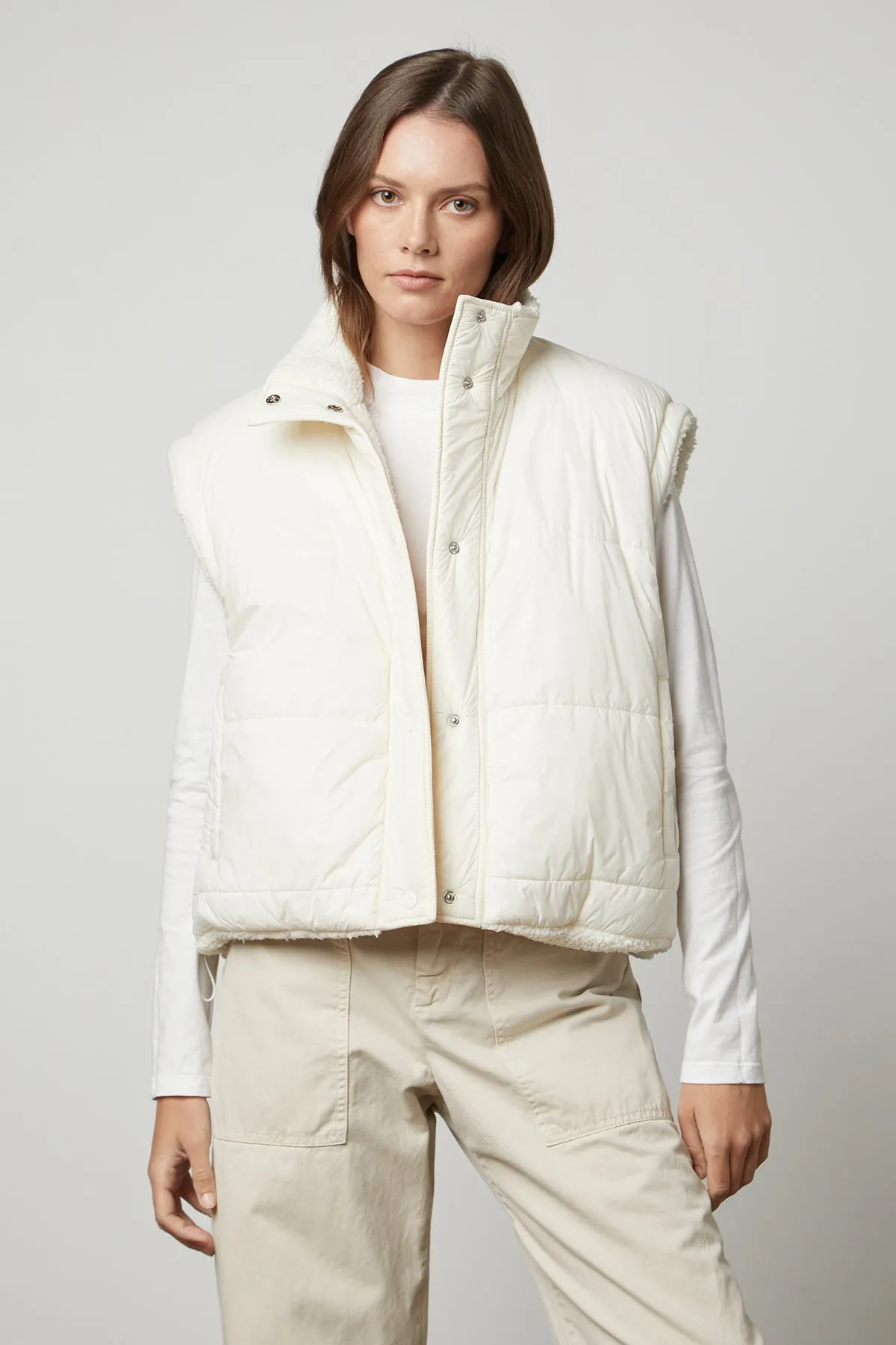 ALICIA REVERSIBLE PUFFER SHERPA VEST RubberizedButtonClosures