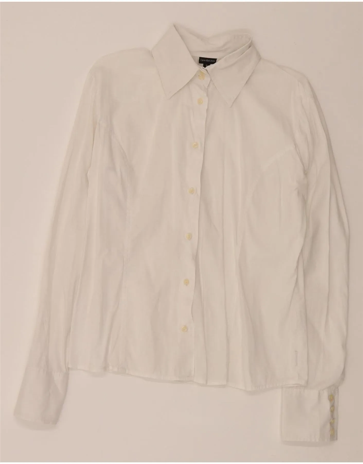 CALVIN KLEIN JEANS Womens Shirt UK 10 Small White Cotton Ultra Soft Interior Layered Sleeve Cuffs