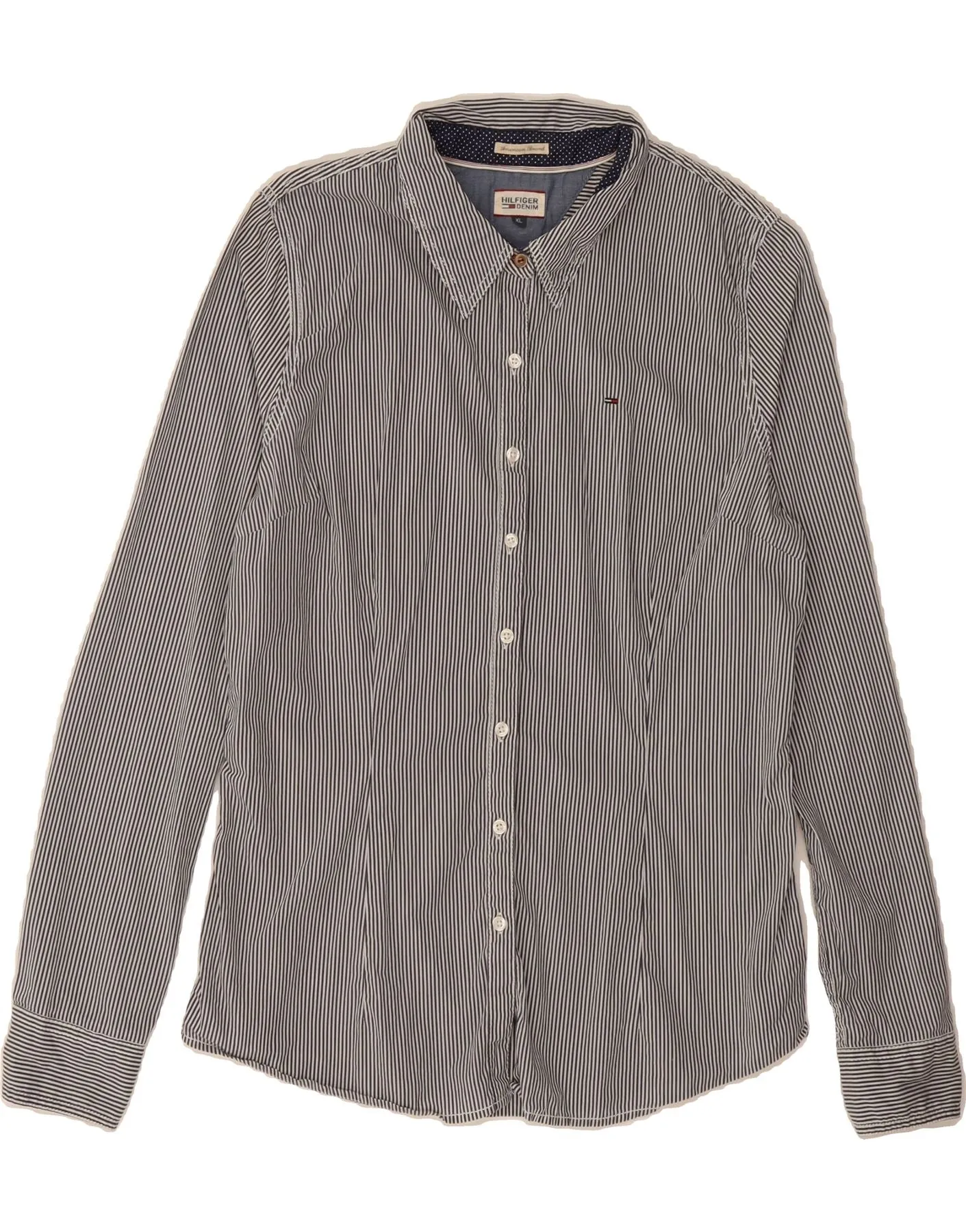 Anti Pill Treatment Retro Vibe TOMMY HILFIGER Womens Shirt UK 18 XL Navy Blue Striped