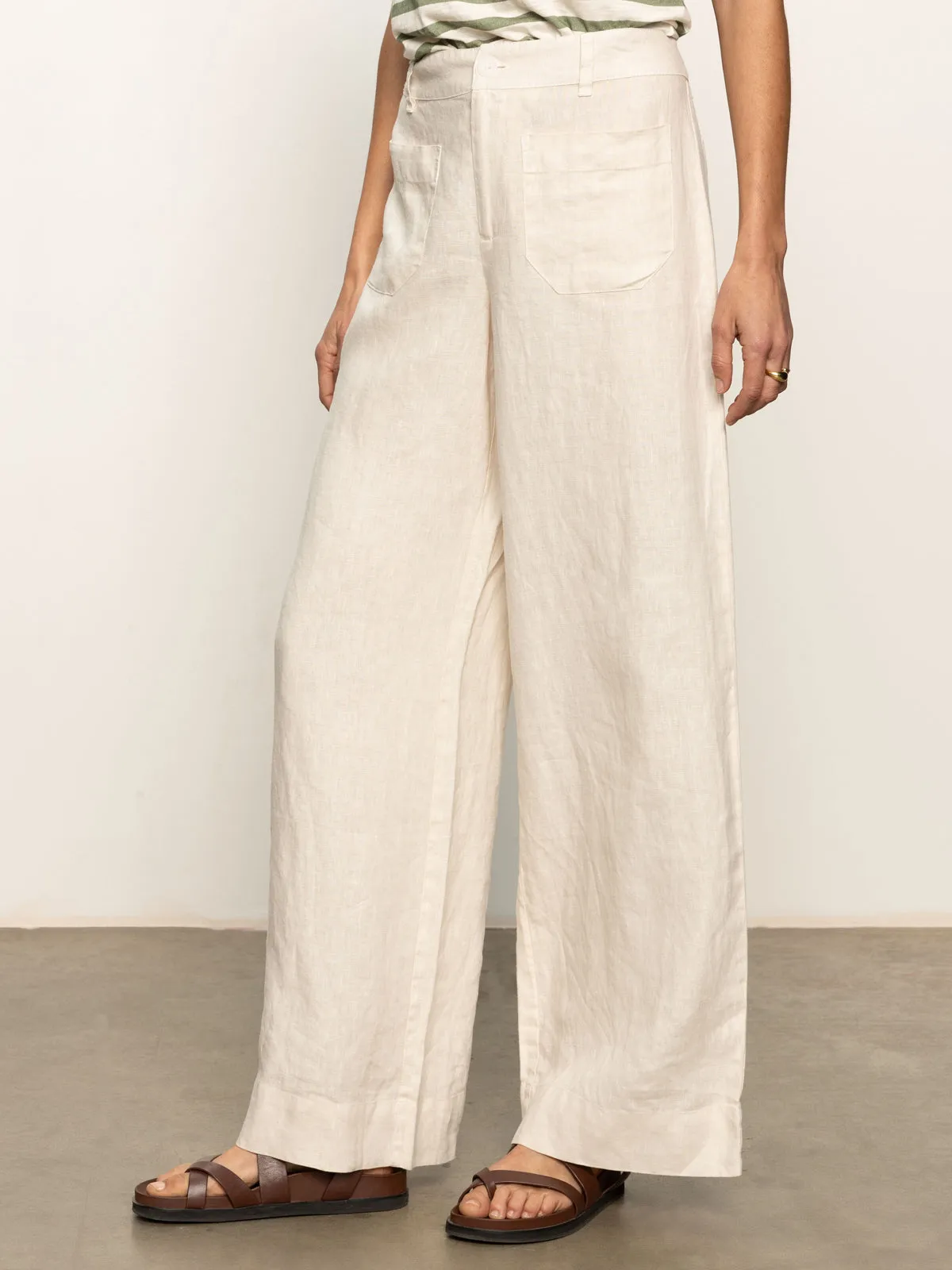 The Linen Marine Wide Leg Semi-High Rise Pant Birch Essential Wear