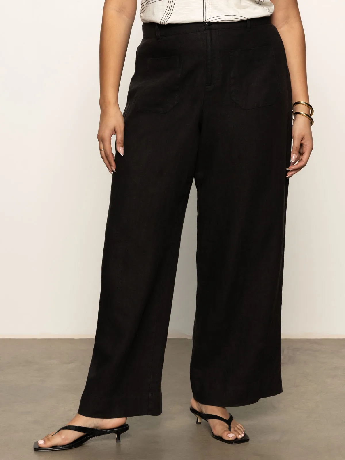 The Linen Marine Wide Leg Semi-High Rise Pant Black Extended Sizing Timeless Appeal ReinforcedPockets