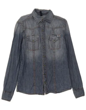 Sustainable Weave Pocket Detailing BENETTON Womens Denim Shirt UK 14 Medium Blue Cotton