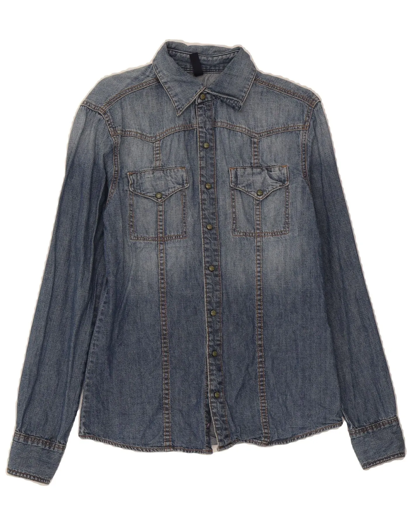 Sustainable Weave Pocket Detailing BENETTON Womens Denim Shirt UK 14 Medium Blue Cotton