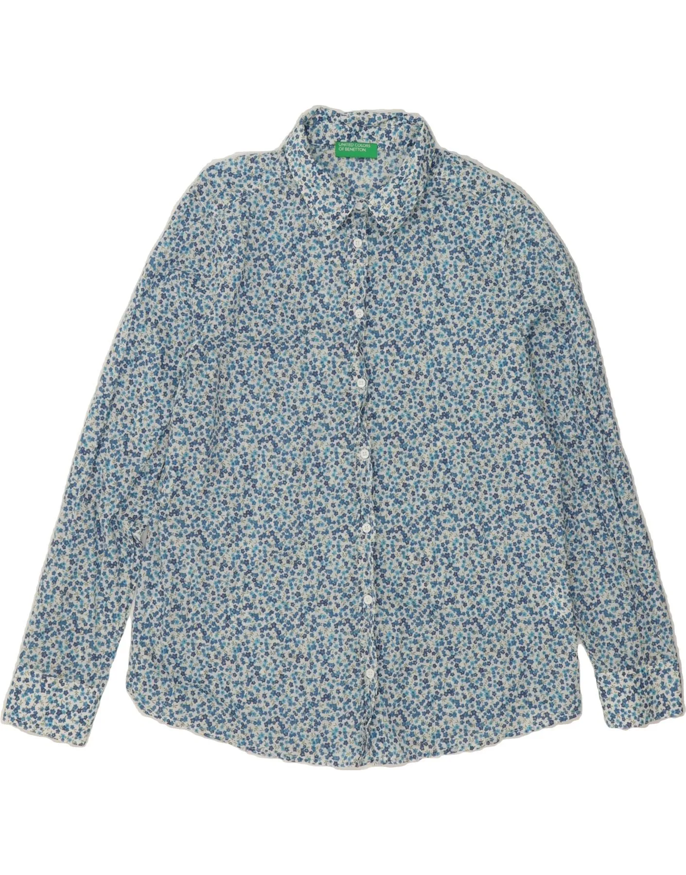 Professional Look BENETTON Womens Shirt UK 14 Medium Blue Floral Cotton