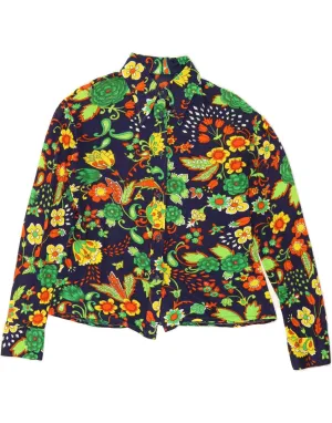 VINTAGE Womens Shirt UK 12 Medium Navy Blue Floral Sophisticated Elegance Tuckable Hem