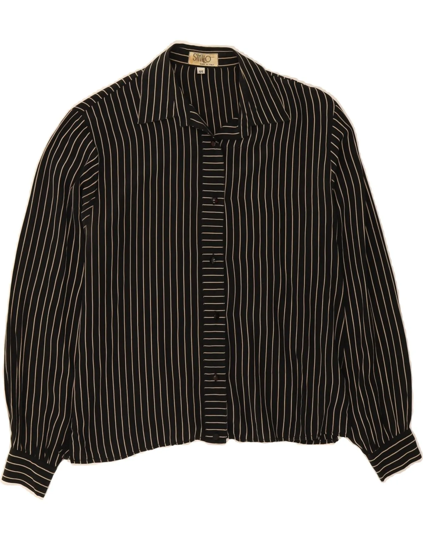 VINTAGE Womens Shirt Blouse IT 44 Medium Black Pinstripe Silk Vibrant color