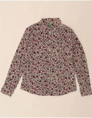 BENETTON Womens Shirt UK 10 Small Purple Floral Cotton Trendy Pattern