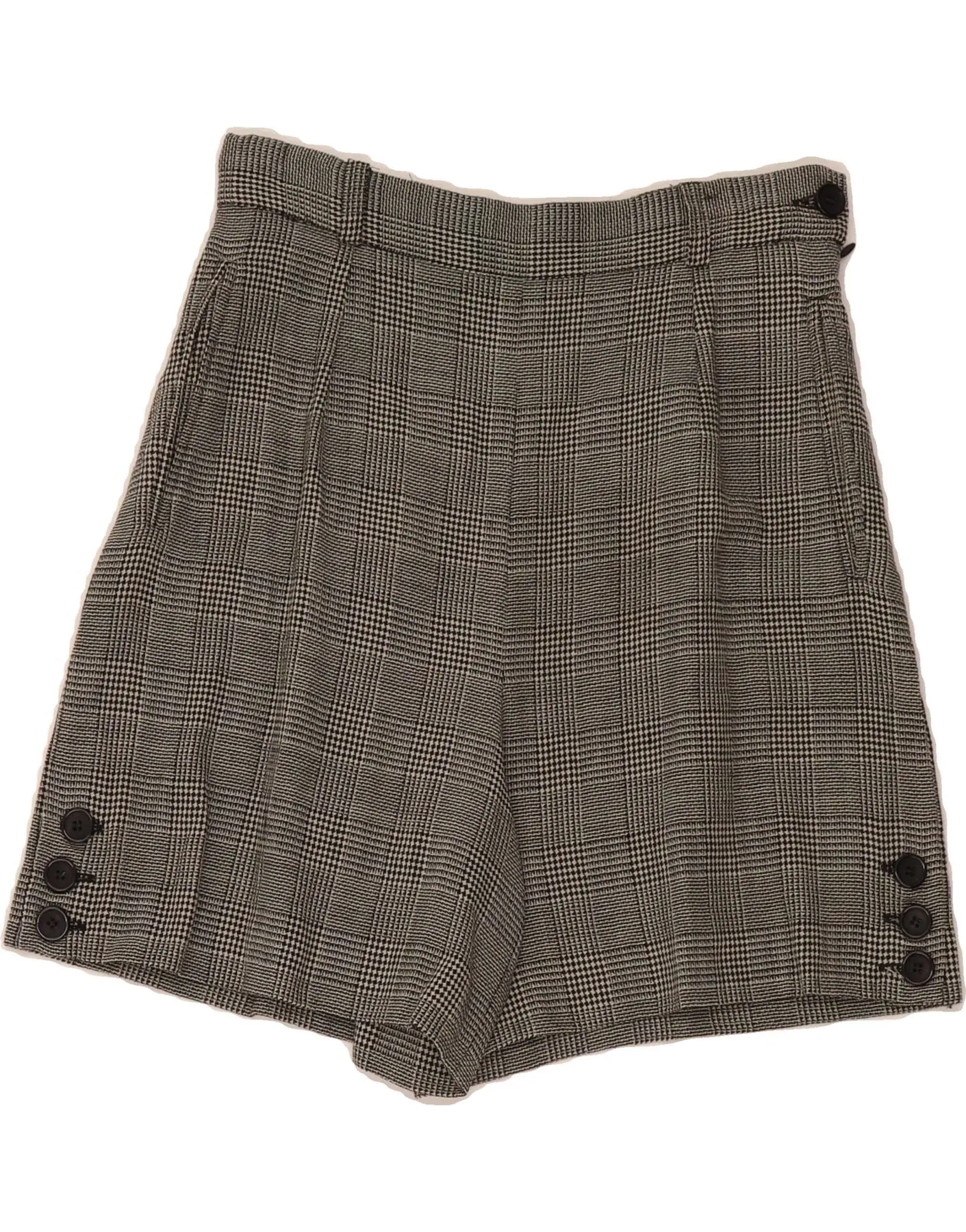 Round Collar Oversized Fit VINTAGE Womens High Waist Casual Shorts UK 12 Medium W28  Grey Check Wool