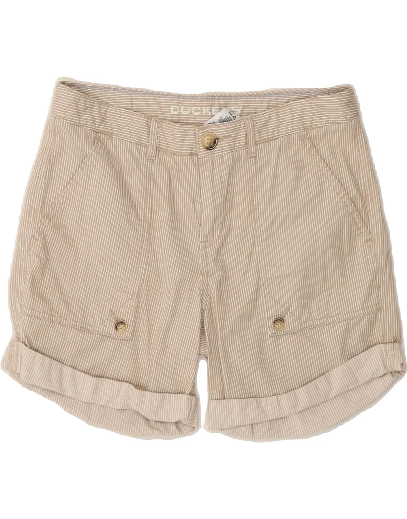 DOCKERS Womens Chino Shorts US 6 Medium W30  Beige Striped Cotton Asymmetrical Cut