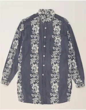 Anti Cling Fabric VINTAGE Womens Shirt Dress UK 14 Medium Navy Blue Floral