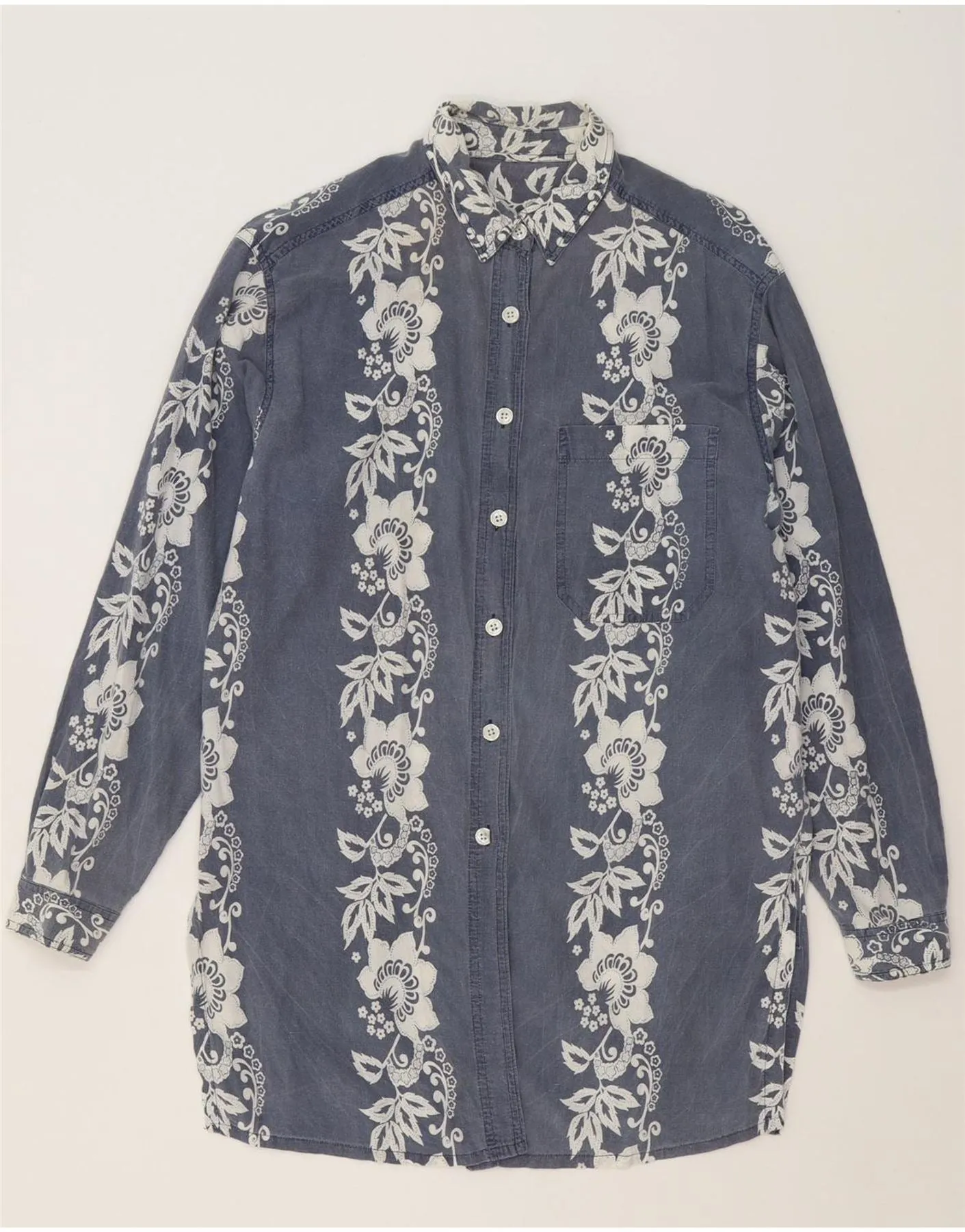 Anti Cling Fabric VINTAGE Womens Shirt Dress UK 14 Medium Navy Blue Floral
