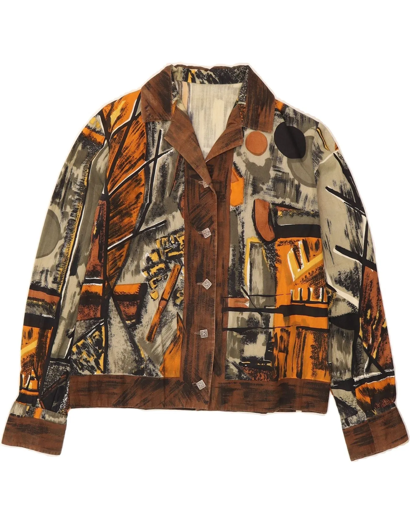 VINTAGE Womens Shirt Blouse UK 14 Medium Brown Geometric Fade Resistant Formula