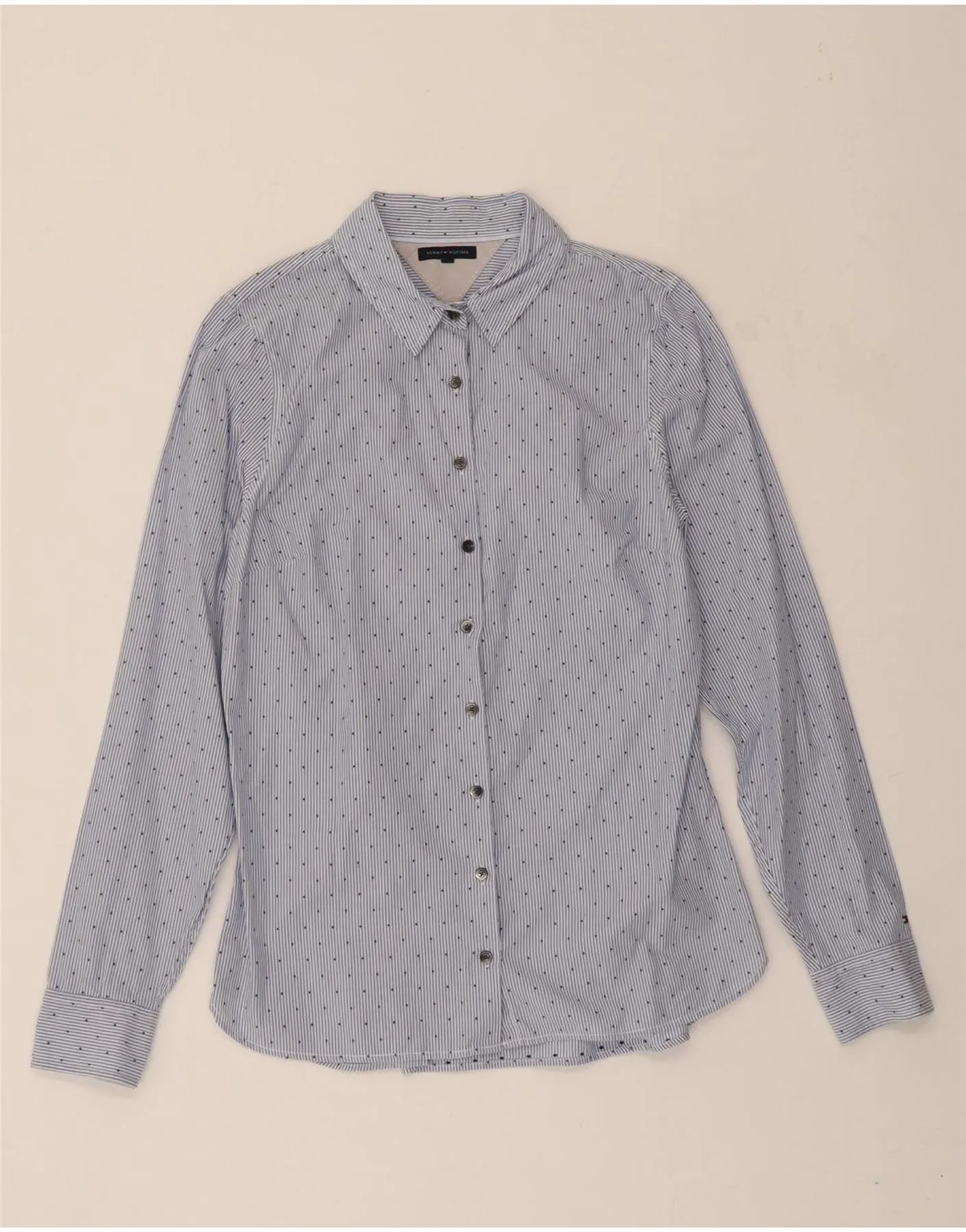 Holiday Outfit High-End Fashion TOMMY HILFIGER Womens Shirt US 10 Large Blue Pinstripe Cotton