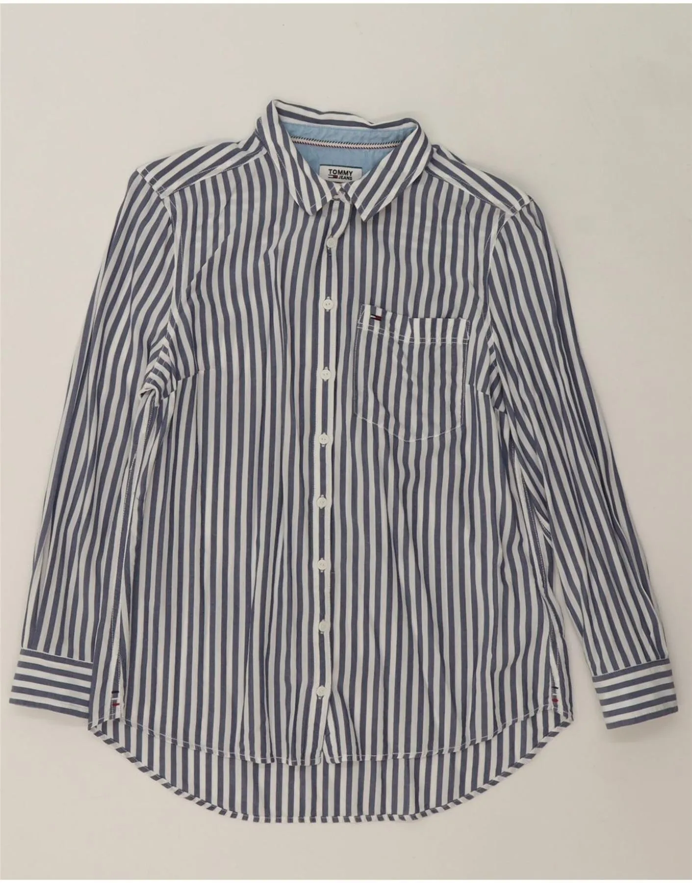TOMMY HILFIGER Womens Shirt UK 14 Medium Navy Blue Striped Lyocell Fashion Forward