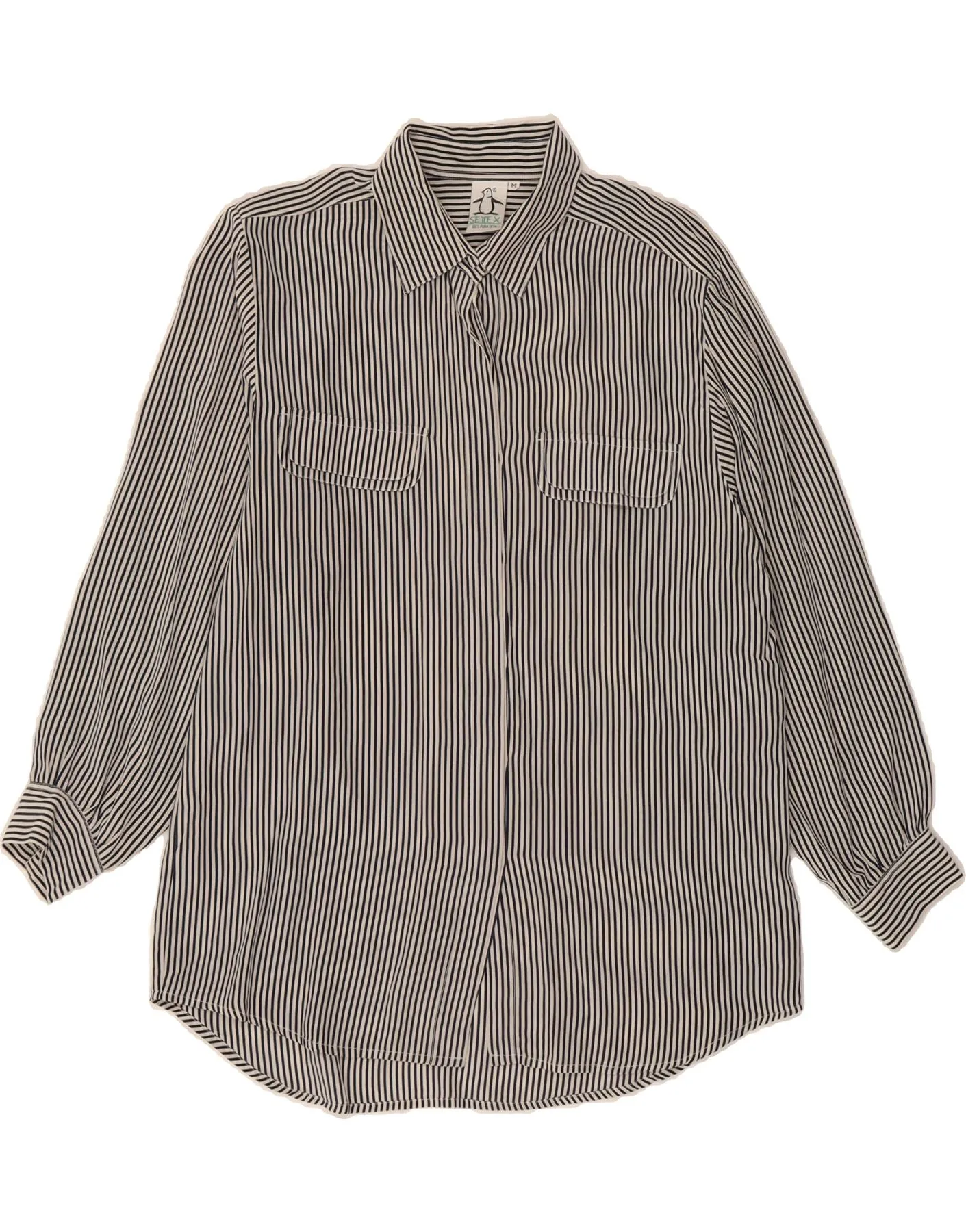 Contrast Stitch Smooth Finish VINTAGE Womens Shirt Blouse UK 14 Medium White Striped Silk