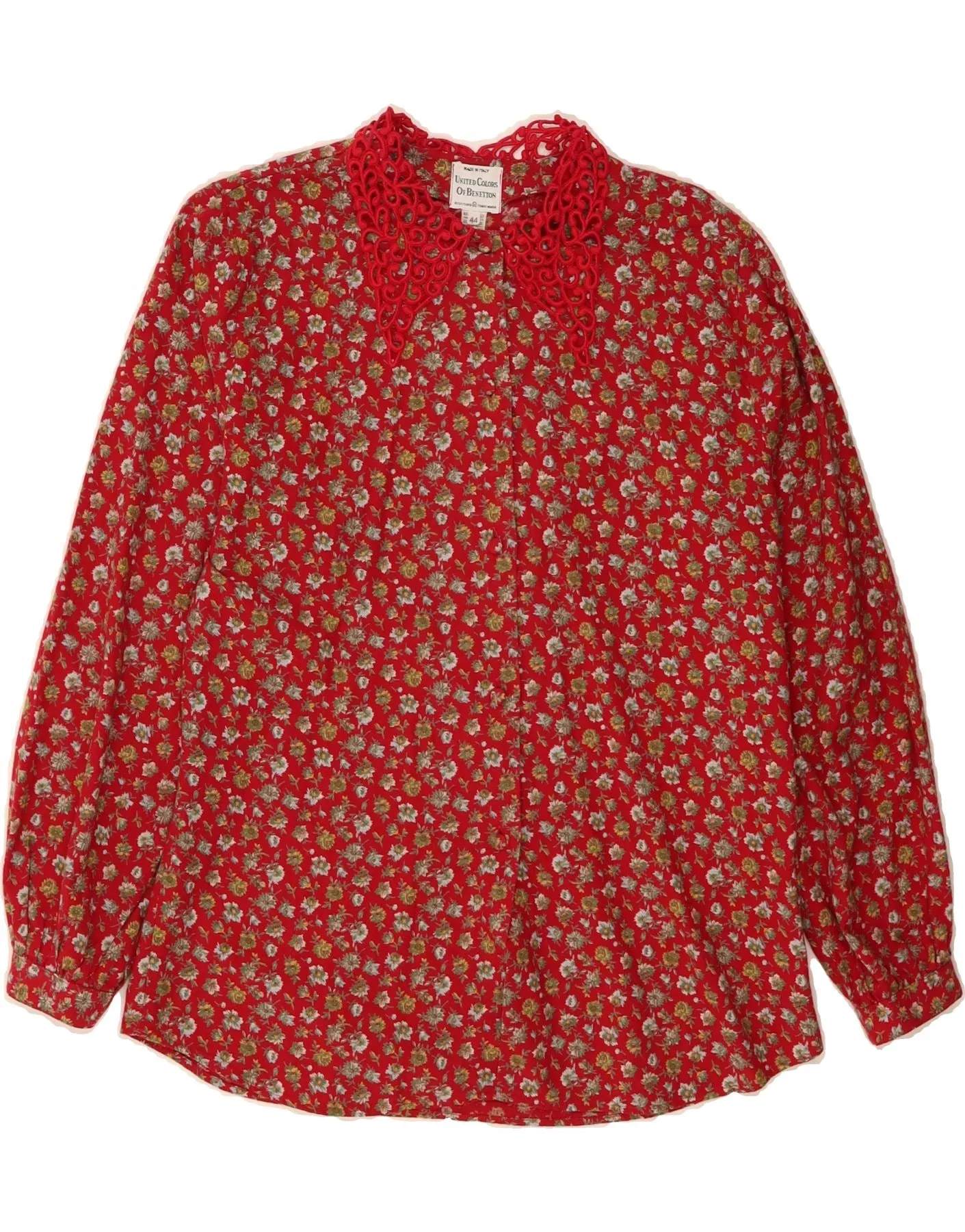 BENETTON Womens Shirt Blouse IT 44 Medium Red Floral Cotton Vibrant Colors elegant design