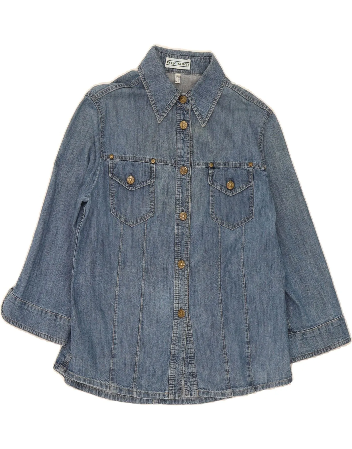 Embroidered Logo Formal Elegance VINTAGE Womens Denim Shirt UK 14 Large Blue Cotton