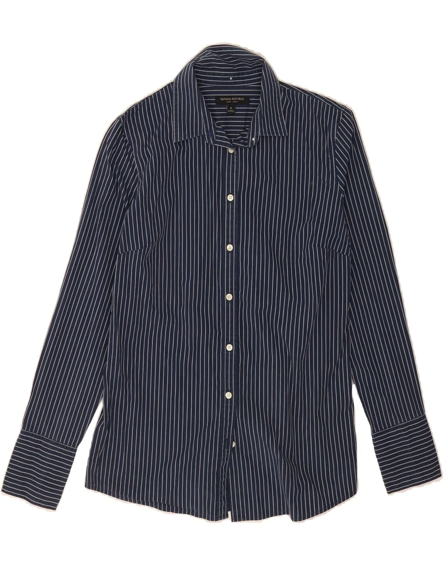 BANANA REPUBLIC Womens Shirt US 8 Medium Navy Blue Pinstripe Cotton Durable Material