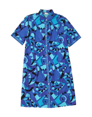 VINTAGE Womens Shirt Dress IT 52 2XL Blue Geometric Cotton Odor control