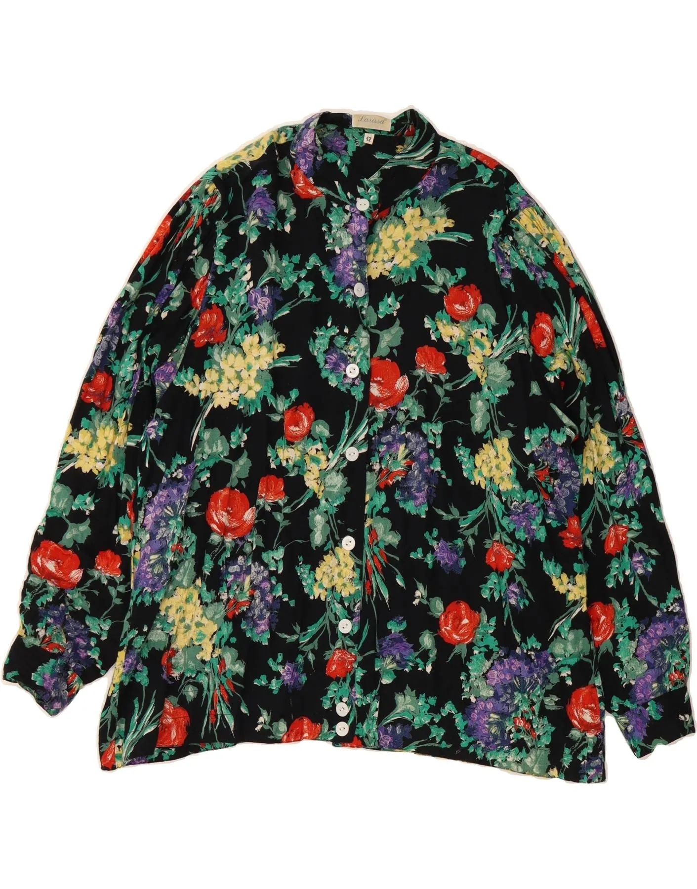 Matte Look High Neck LARISSA Womens Shirt Blouse EU 42 Large Black Floral Viscose