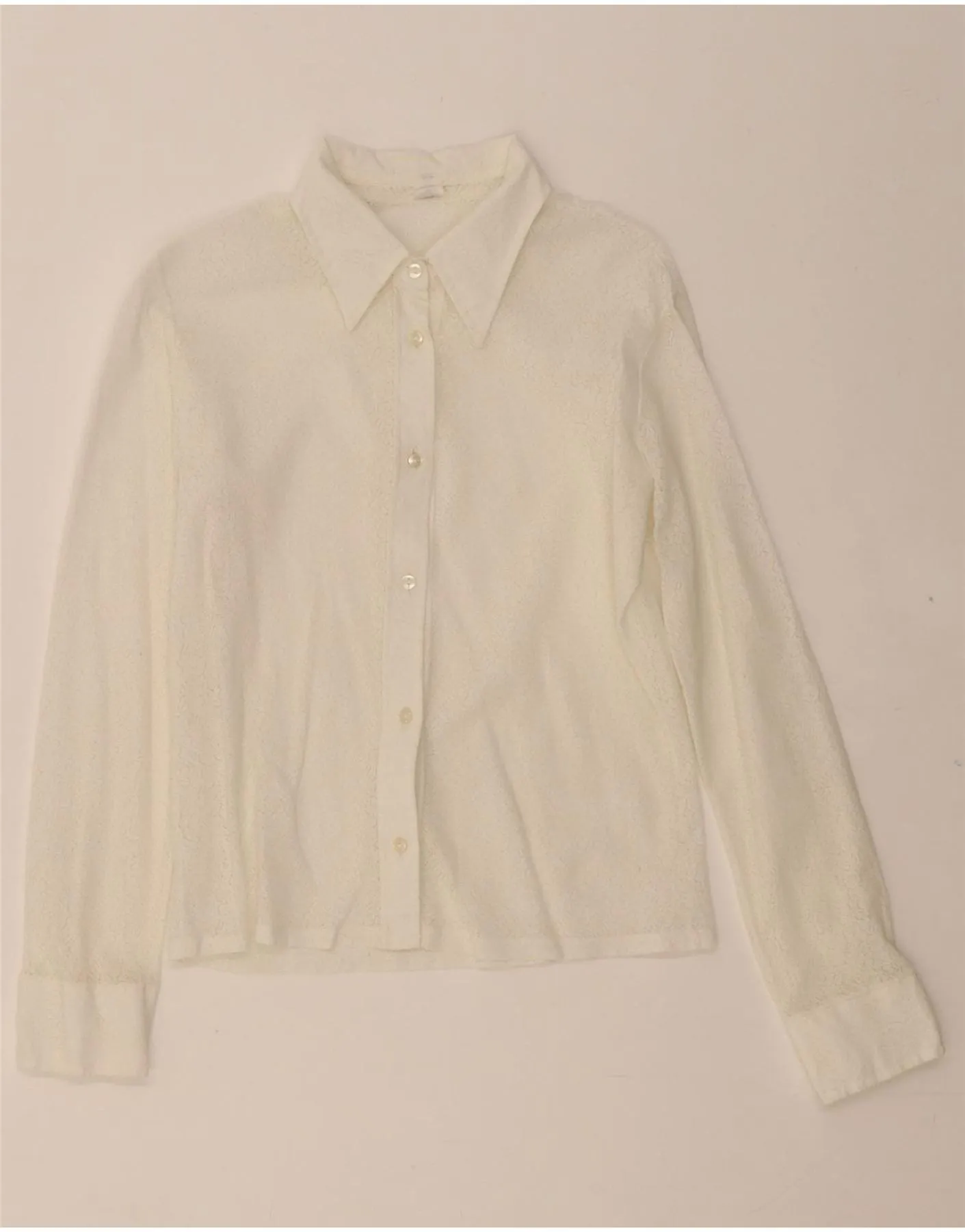 VINTAGE Womens Shirt Blouse UK 12 Medium White Floral Layered Sleeve Cuffs