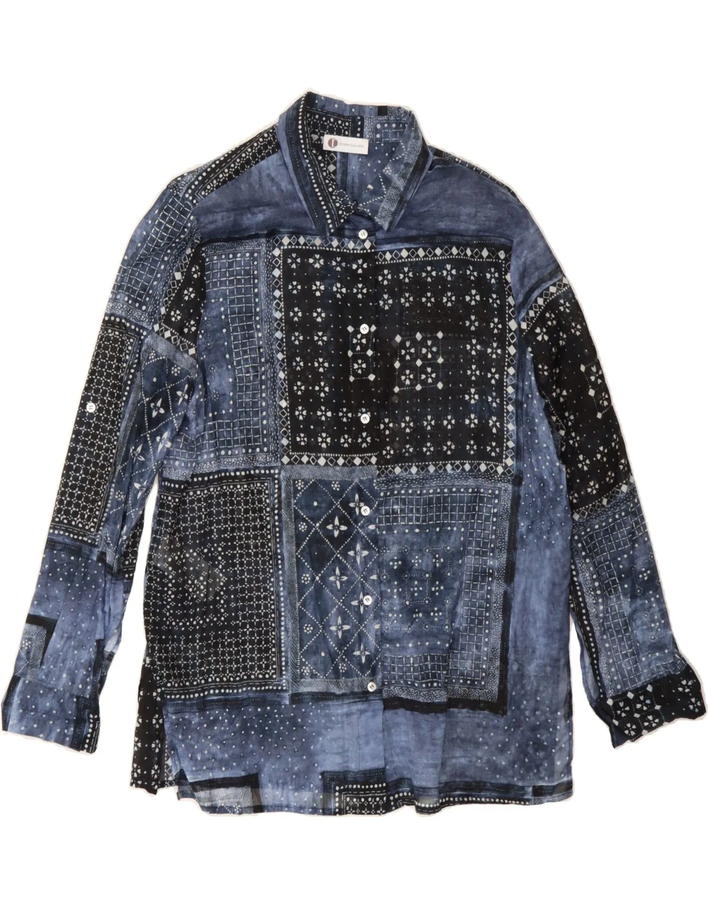 DIANA GALLESI Womens Shirt UK 14 Large Blue Patchwork Cotton Unmatched comfort Chic Look
